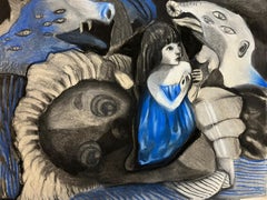 Adaptation #6 Zahra Zeinali Contemporary Zeichnung blau junges Mädchen Traum Märchen Kunst