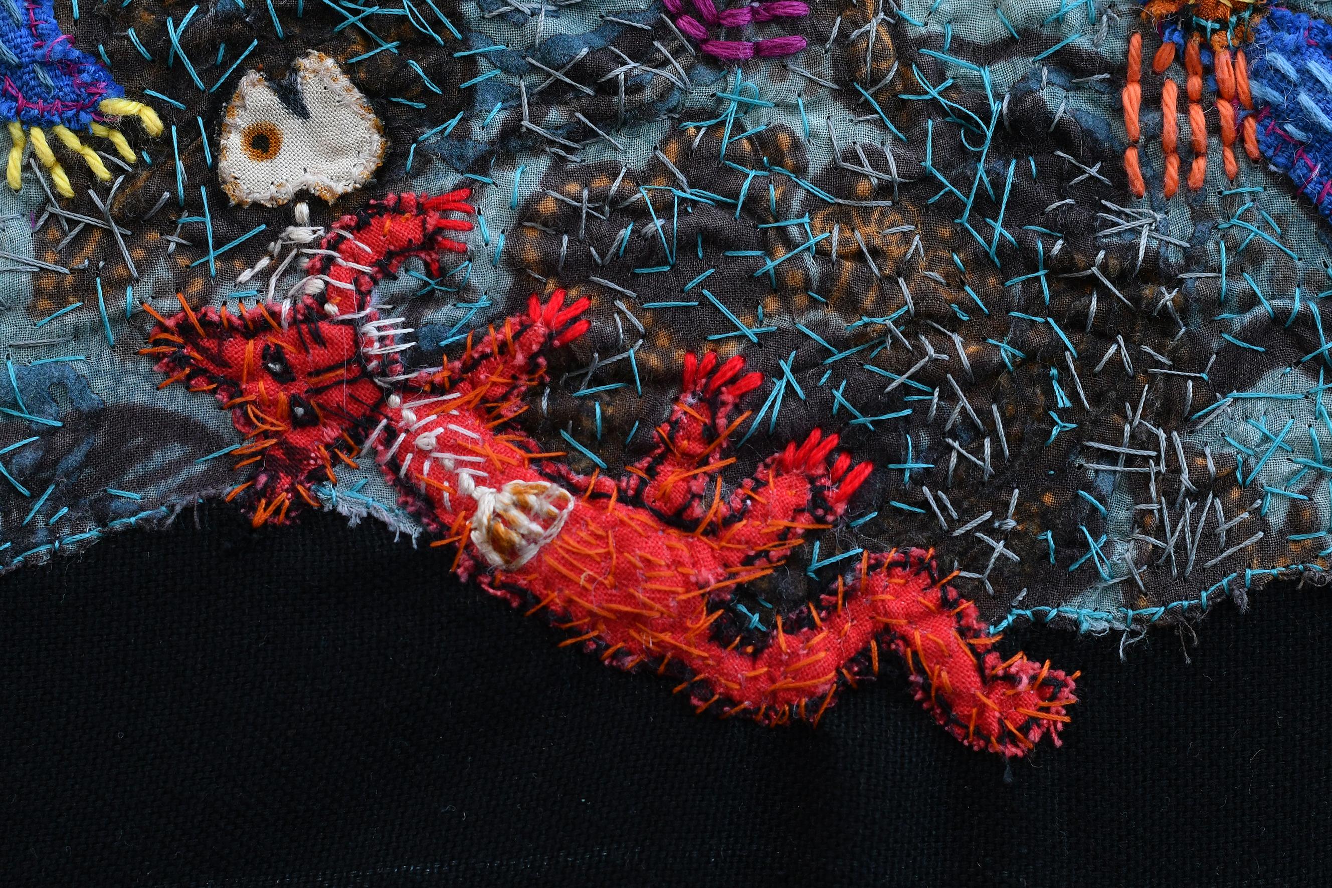 Embroidered textile painting
Unique work, hand-signed by the artist

Penelope or Parque of modern times, Barbara d’Antuono sews by hand like others recite mantras and decides nothing in advance. She lets images arise without any particular coherence