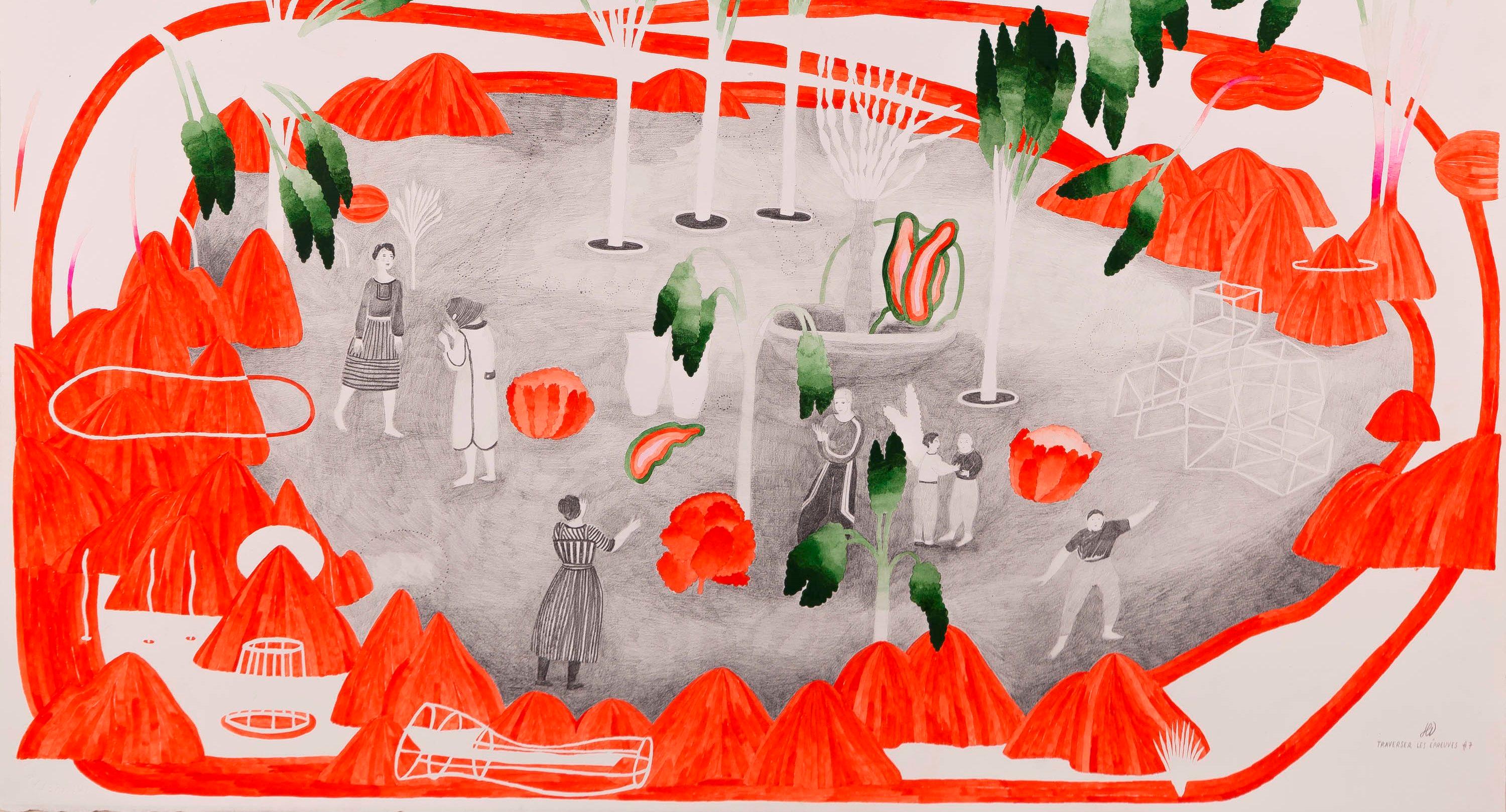 Go through the trials #7 Hélène Duclos 21st Century drawing art landscape red For Sale 1