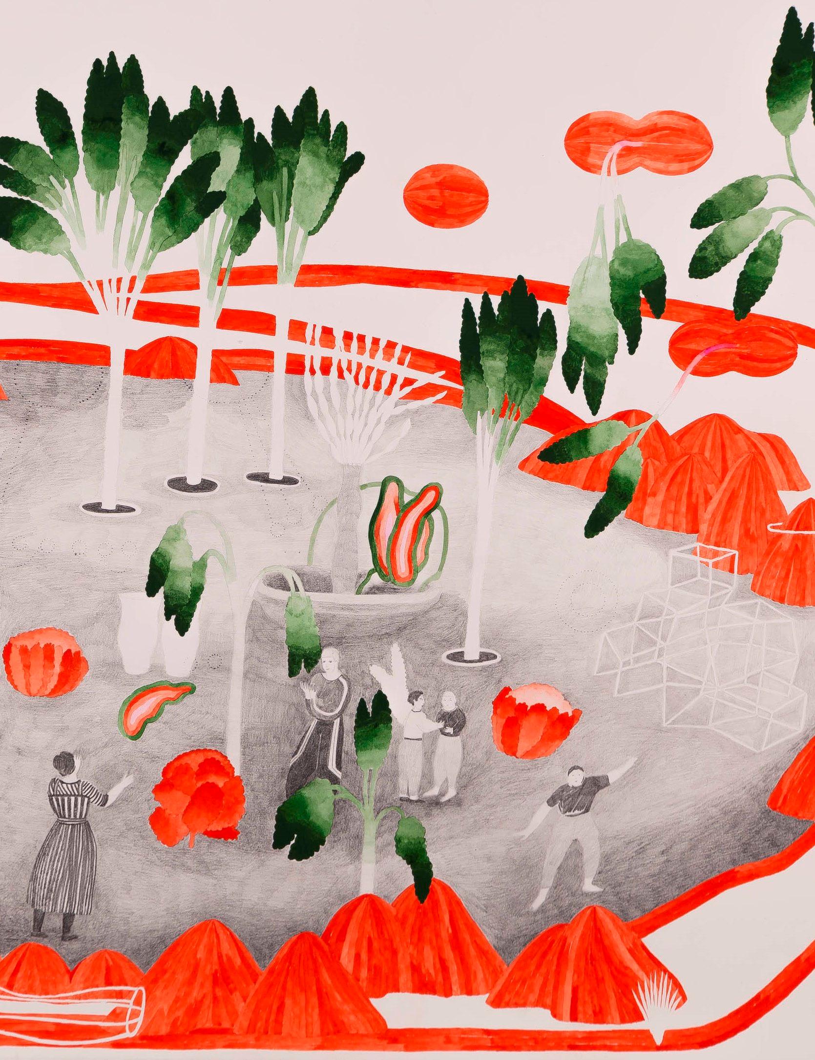 Traverser les épreuves #7 Hélène Duclos 21e siècle dessin art paysage rouge  en vente 2
