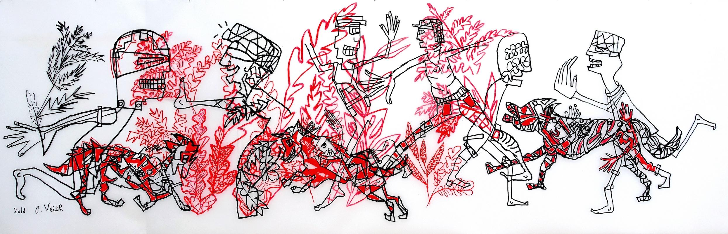 Er, der auf der Jagd geht... Caroline Veith Zeitgenössische Zeichnung roter Jagdkrieg Tinte Kunst 