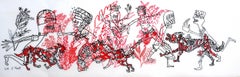 He who goes hunting... Caroline Veith Contemporary drawing red hunt war ink art 