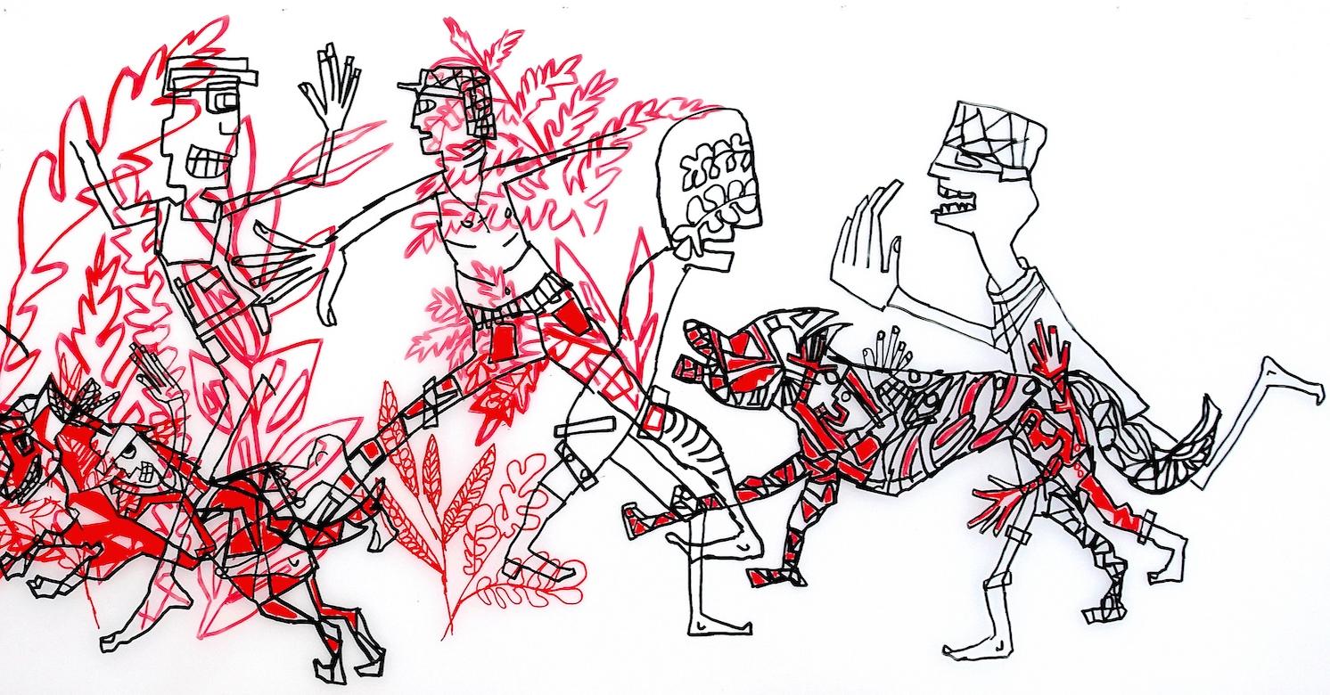 Er, der auf der Jagd geht... Caroline Veith Zeitgenössische Zeichnung roter Jagdkrieg Tinte Kunst  im Angebot 2
