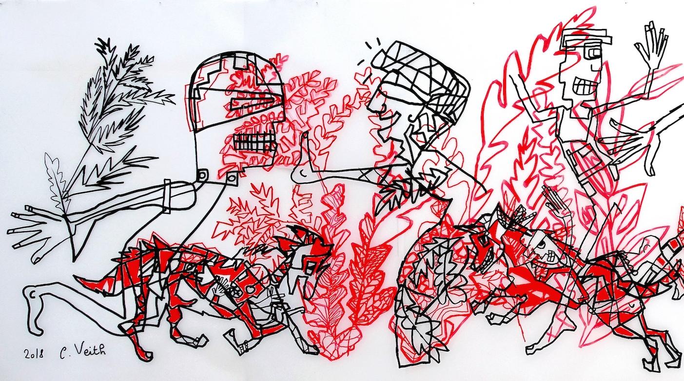 Er, der auf der Jagd geht... Caroline Veith Zeitgenössische Zeichnung roter Jagdkrieg Tinte Kunst  im Angebot 1