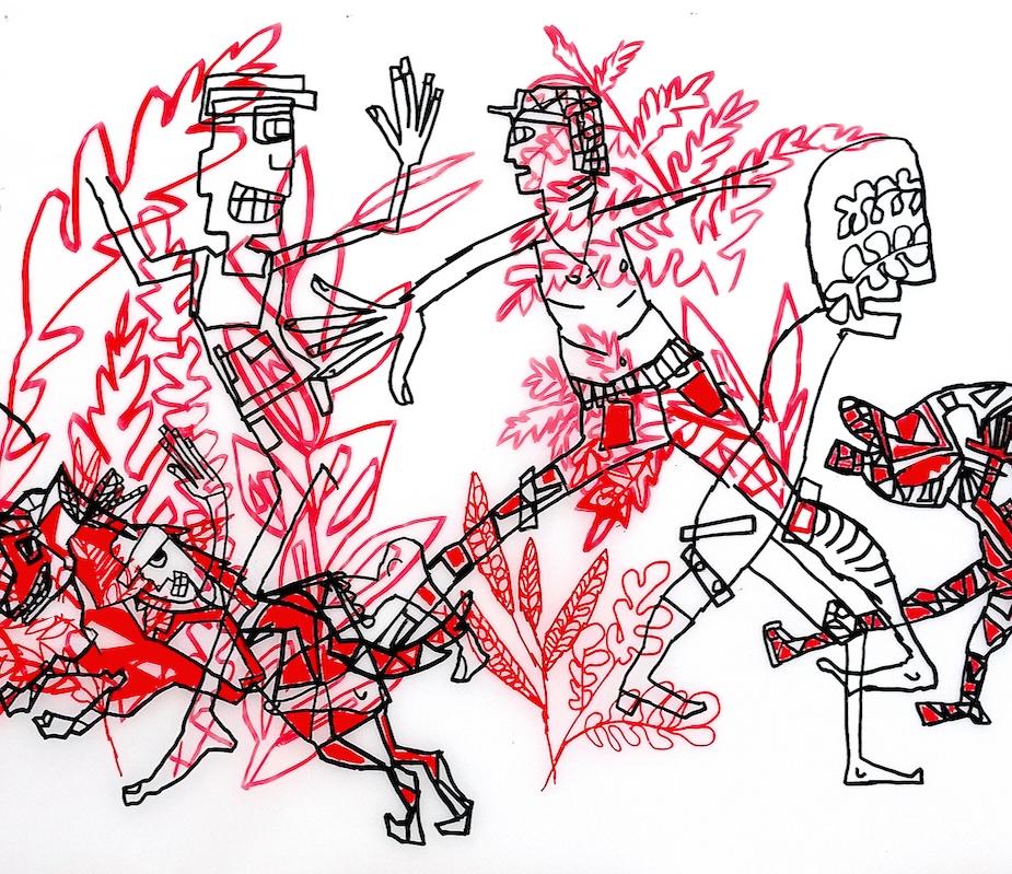 El que va de caza... Caroline Veith Dibujo contemporáneo caza roja guerra arte tinta en venta 2