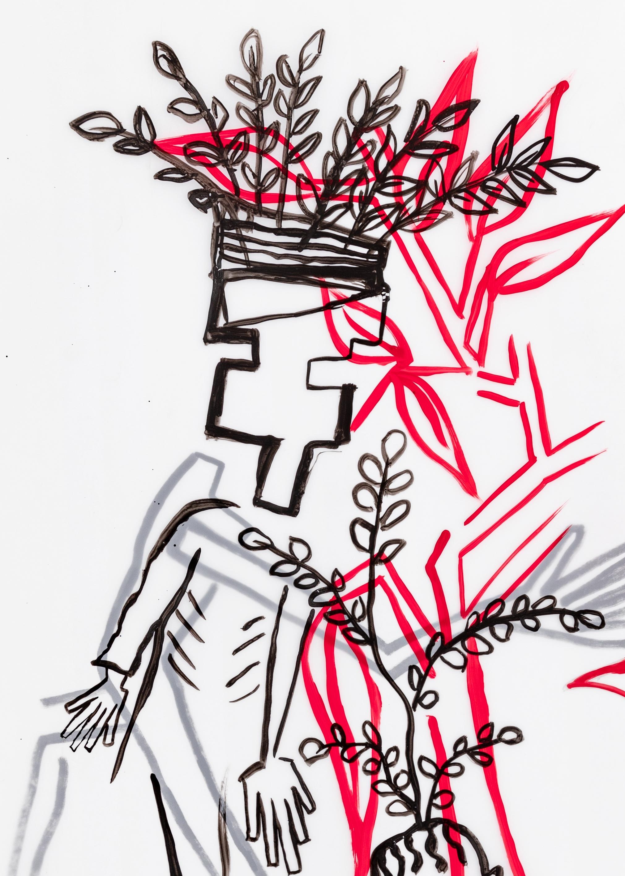 Caroline Veith dessin d'art contemporain  The wild weeds  (les herbes sauvages) couleur rouge en vente 4