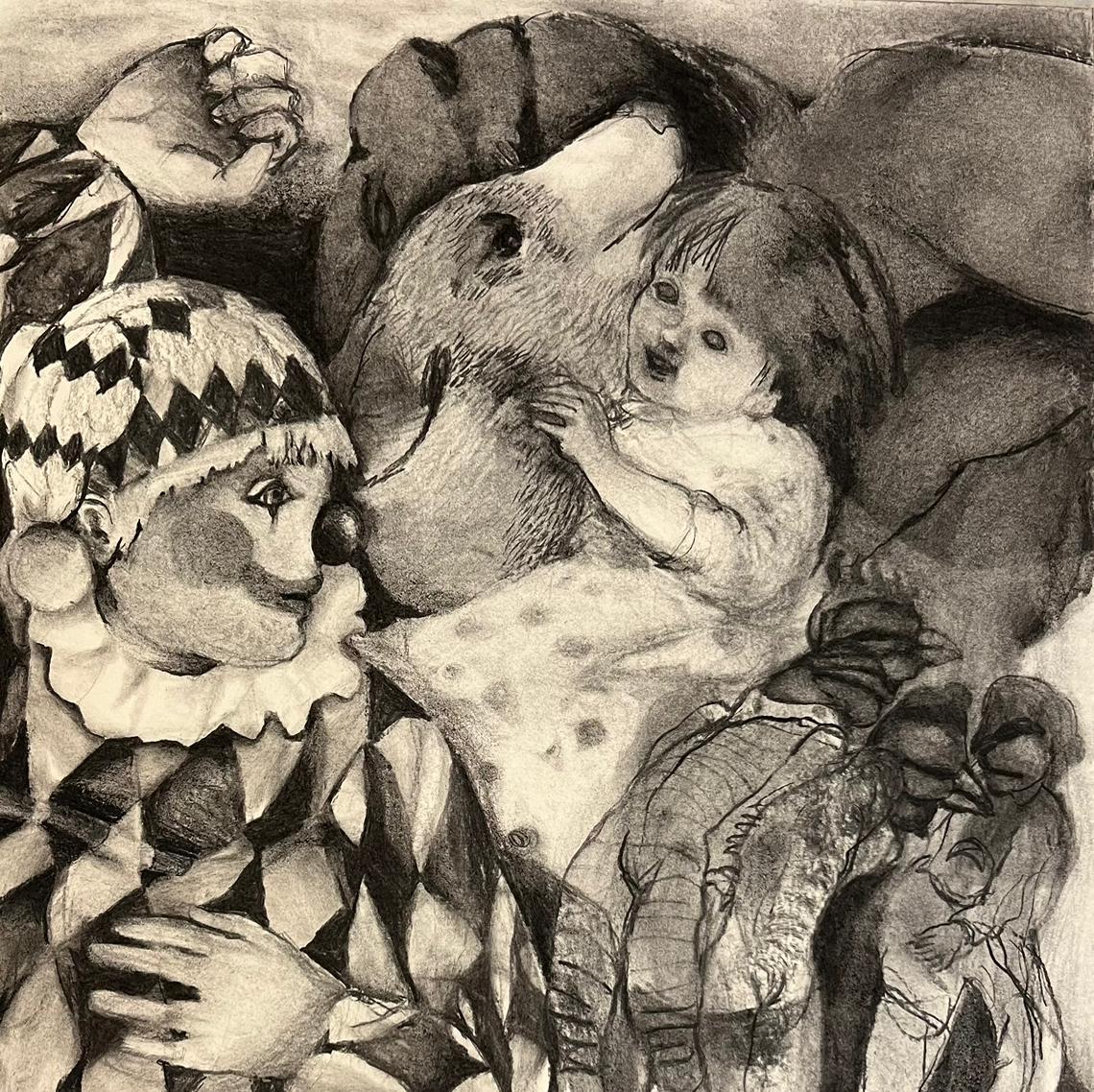 Sin título #2 Zahra Zeinali Dibujo contemporáneo circo animal carboncillo arte payaso en venta 1