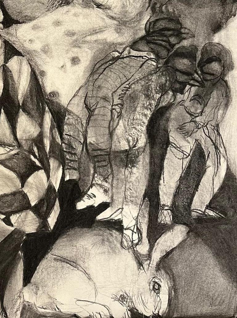 Sin título #2 Zahra Zeinali Dibujo contemporáneo circo animal carboncillo arte payaso en venta 4