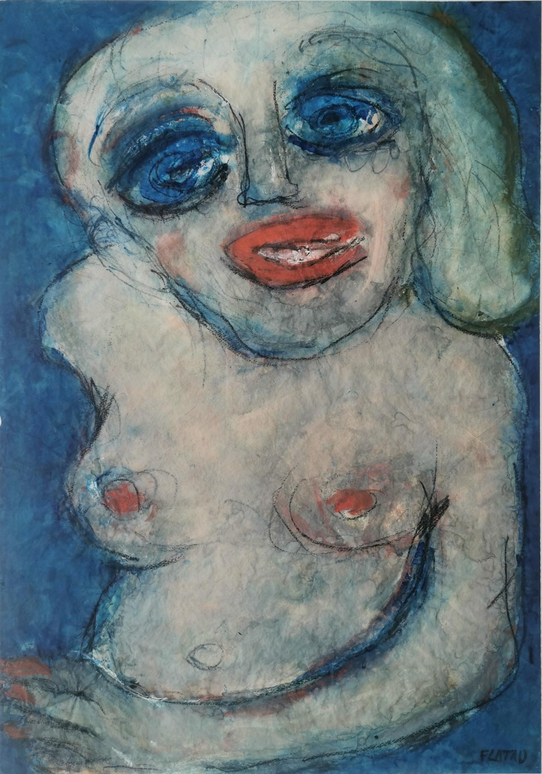 Blauer Hintergrund Joanna Flatau Zeitgenössische Kunst Porträt Aquarell Frau nackt