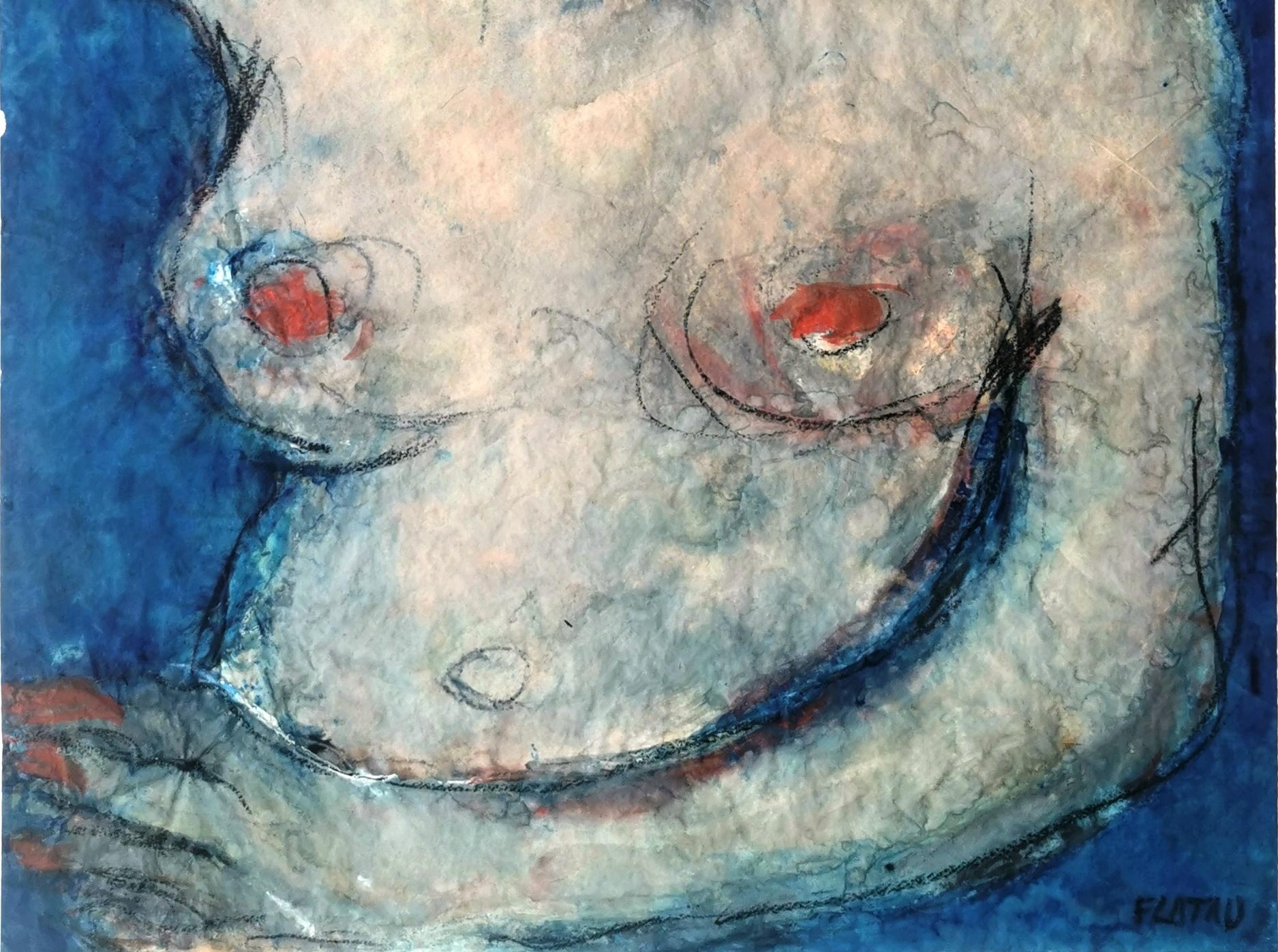 Blauer Hintergrund Joanna Flatau Zeitgenössische Kunst Porträt Aquarell Frau nackt im Angebot 2