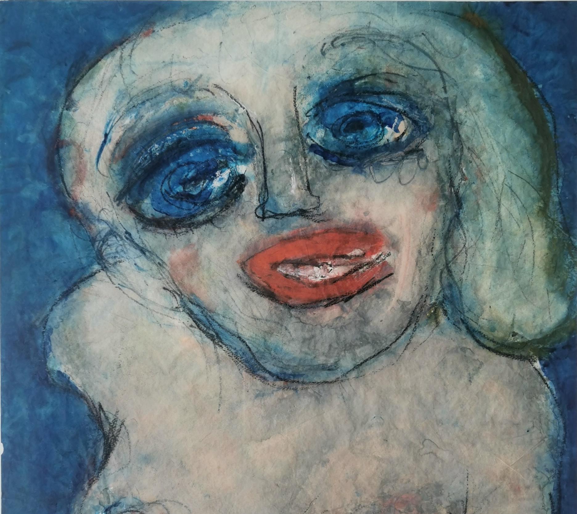 Blauer Hintergrund Joanna Flatau Zeitgenössische Kunst Porträt Aquarell Frau nackt im Angebot 1
