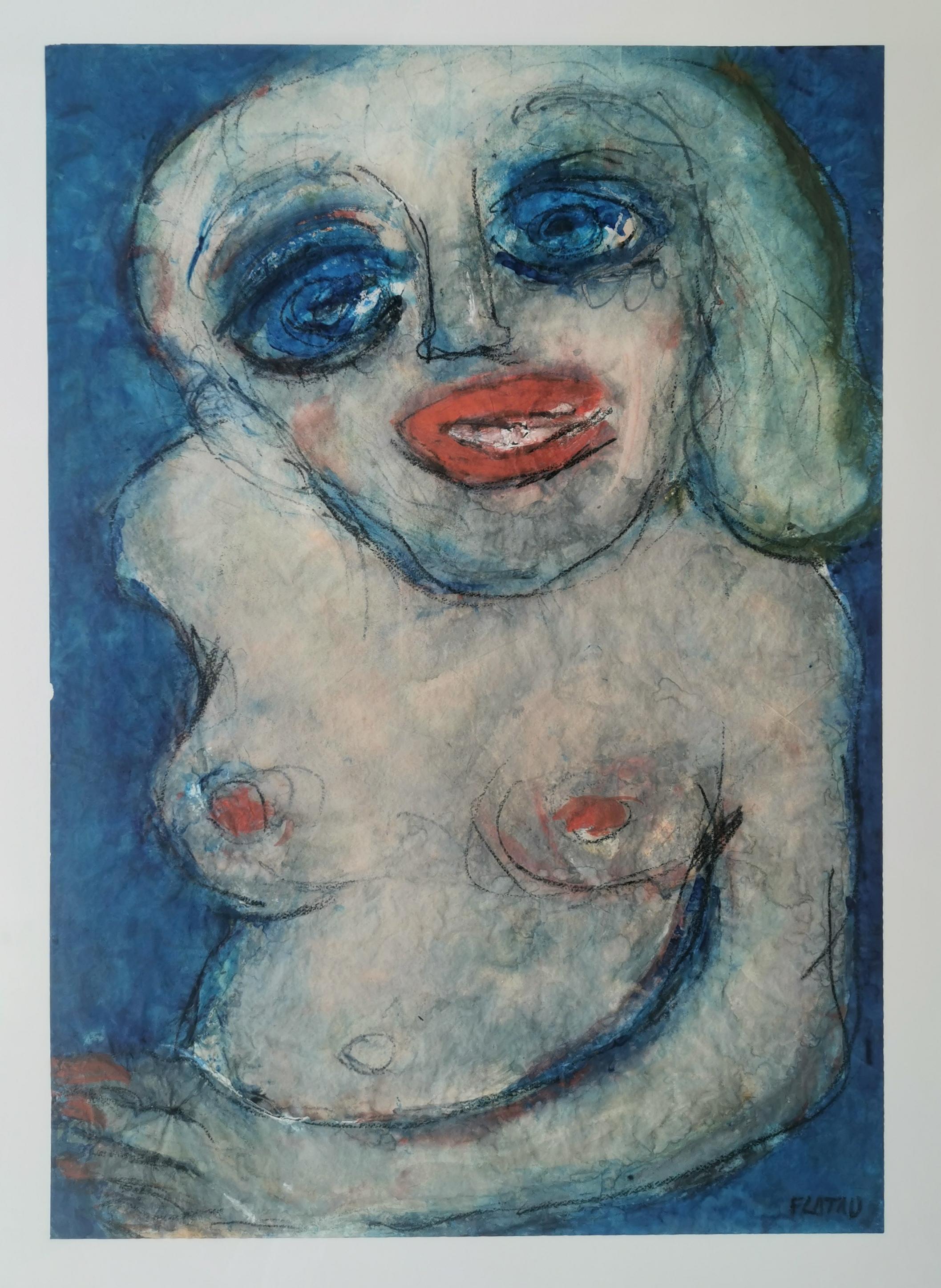 Blauer Hintergrund Joanna Flatau Zeitgenössische Kunst Porträt Aquarell Frau nackt im Angebot 3