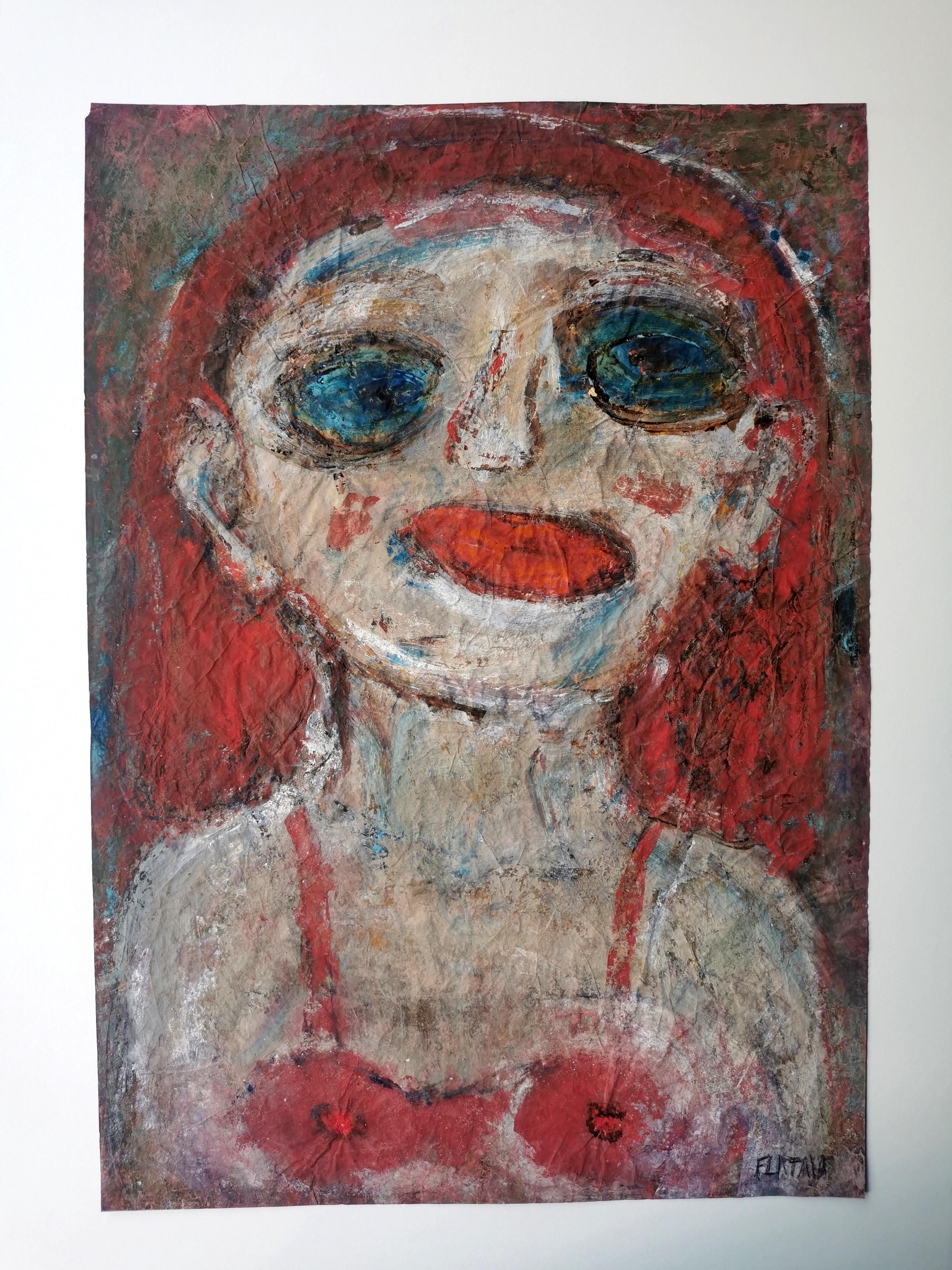 Bouche rouge Joanna Flatau Art contemporain aquarelle femme portrait yeux bleus en vente 3