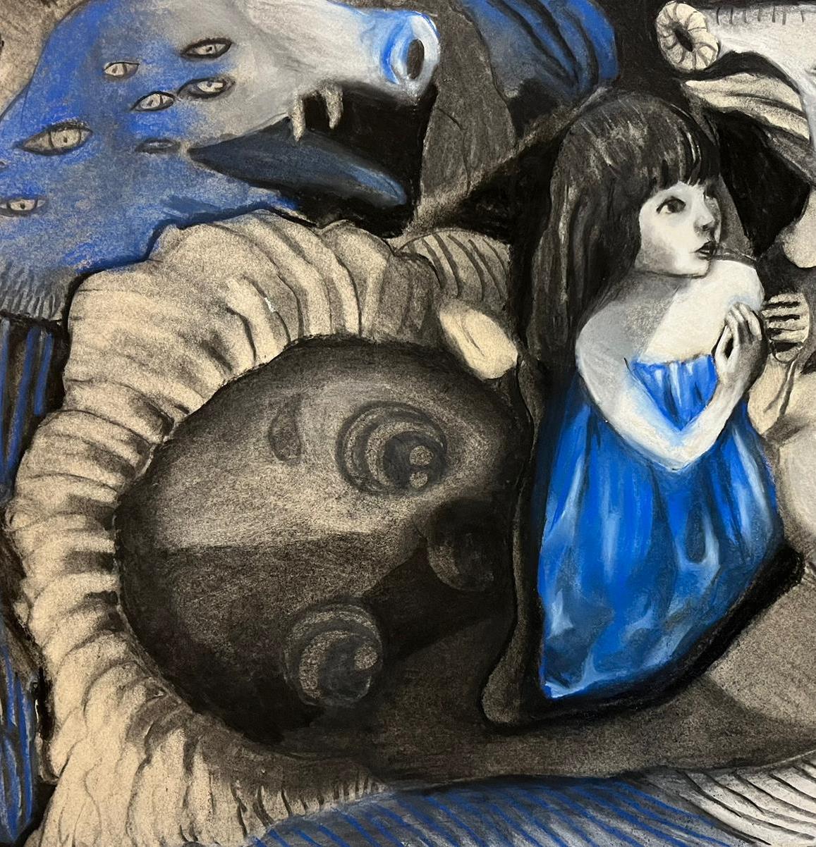 Adaptation #6 Zahra Zeinali Contemporary drawing blue young girl dream tale art For Sale 1