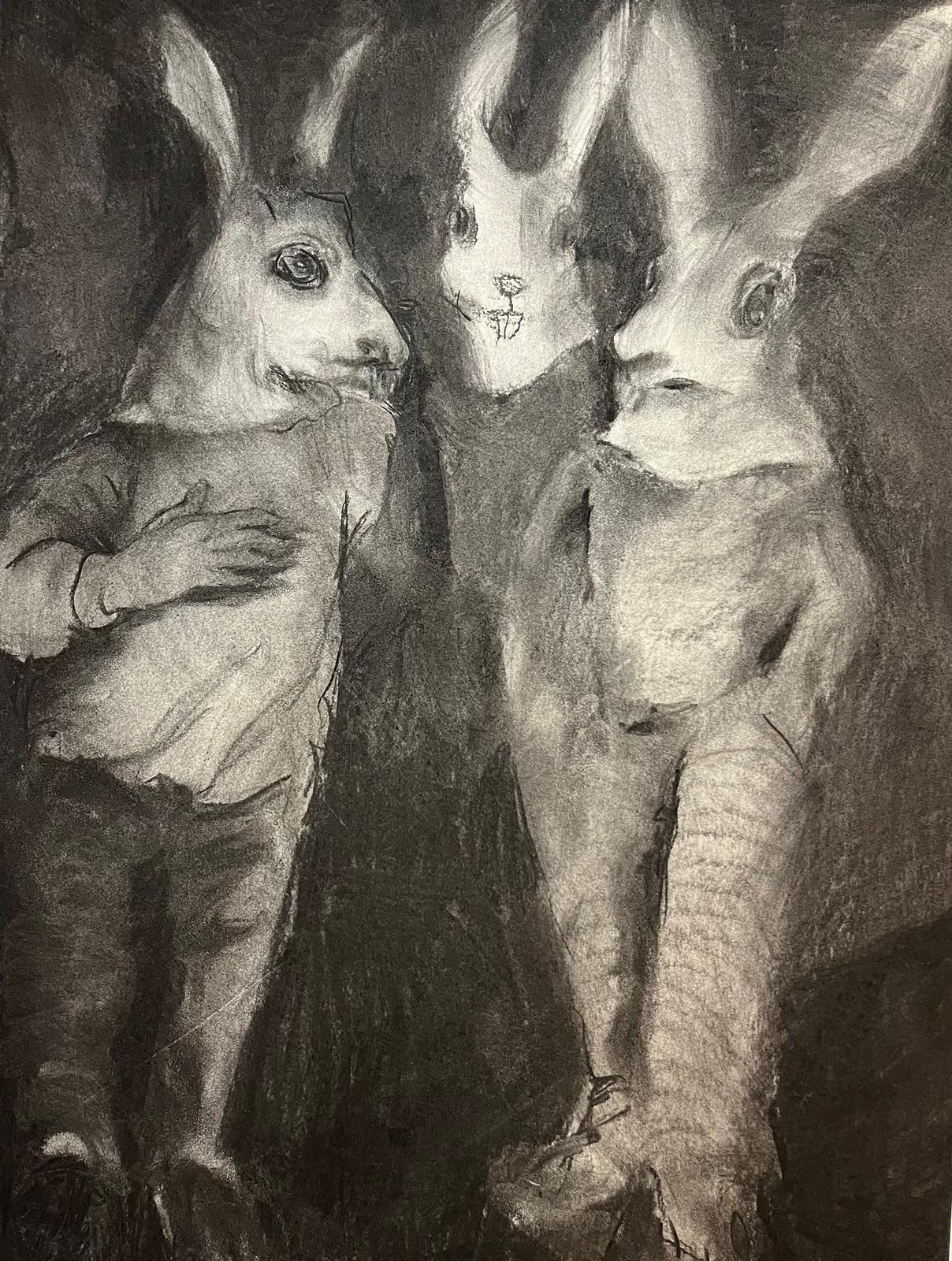 Conspiracy Zahra Zeinali Contemporary Zeichnung schwarz-weiß Kunst Tier Kaninchen