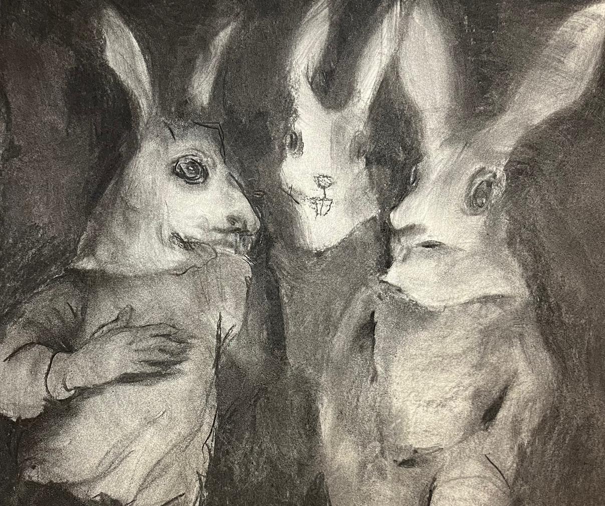 Conspiracy Zahra Zeinali Contemporary drawing black and white art animal rabbit For Sale 1