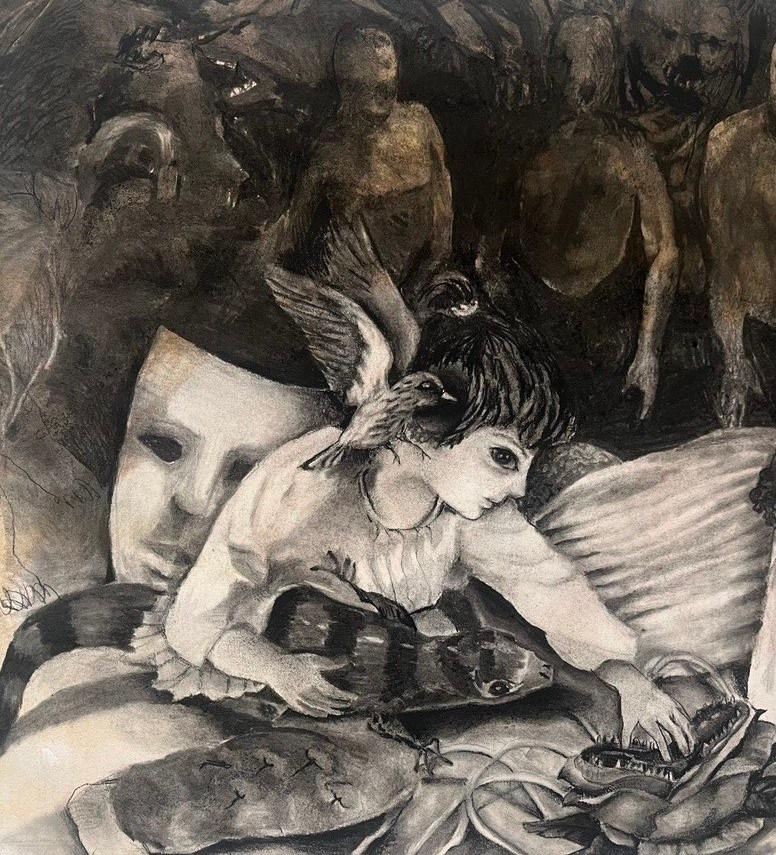 Background Zahra Zeinali Contemporary drawing girl mask teddy bear dream animal For Sale 1