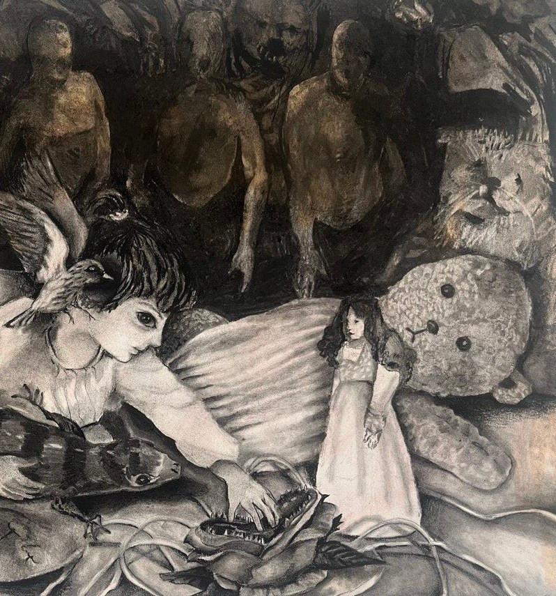 Background Zahra Zeinali Contemporary drawing girl mask teddy bear dream animal For Sale 2