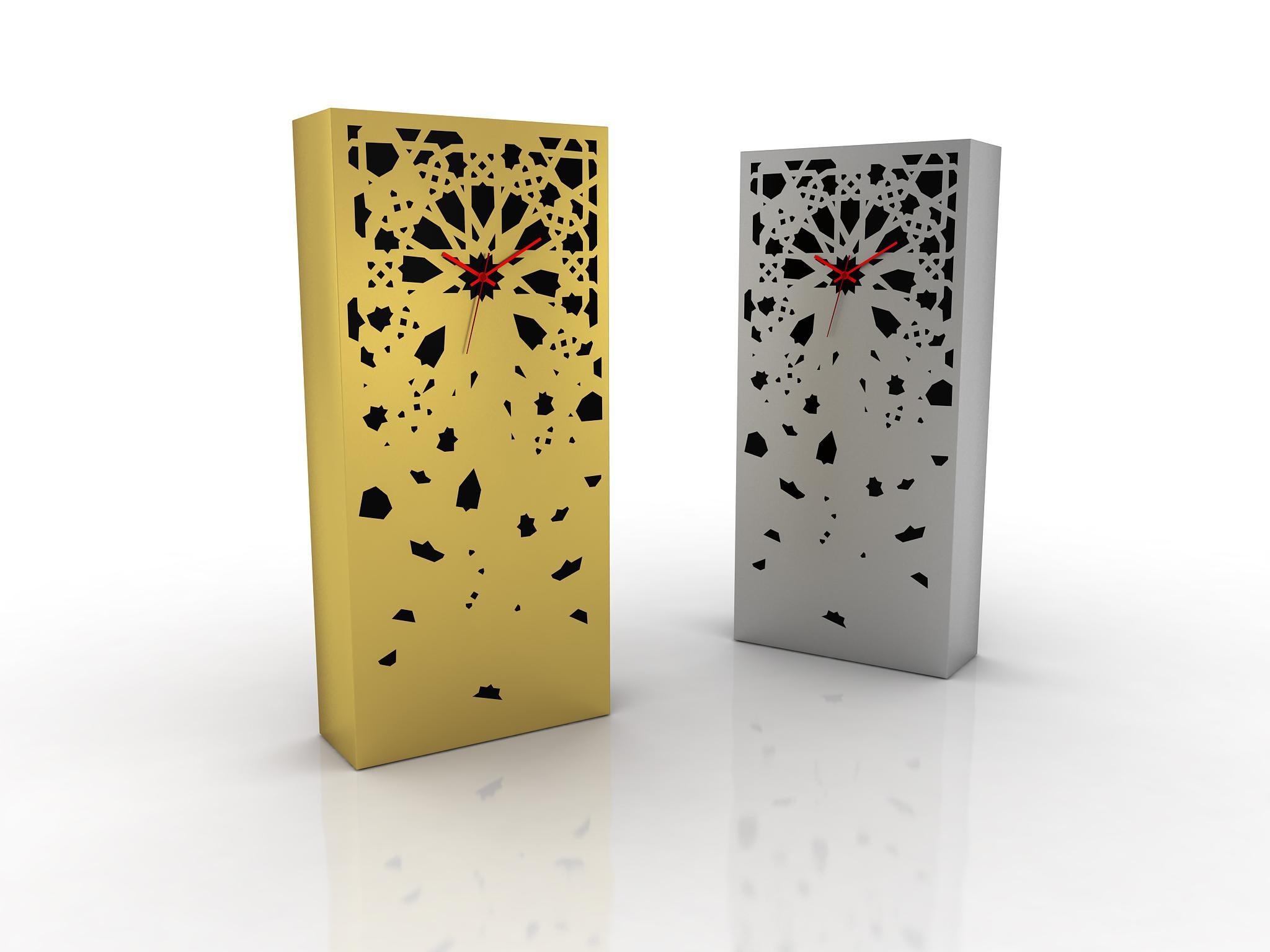 ZEL Clock
« Zel » is a clock to lay or to hang on with metal case covered with geometric shapes inspired by the work of zellige. These forms are here presented in a deconstructed way, as they can be seen in the cutting Moroccan workshops until their