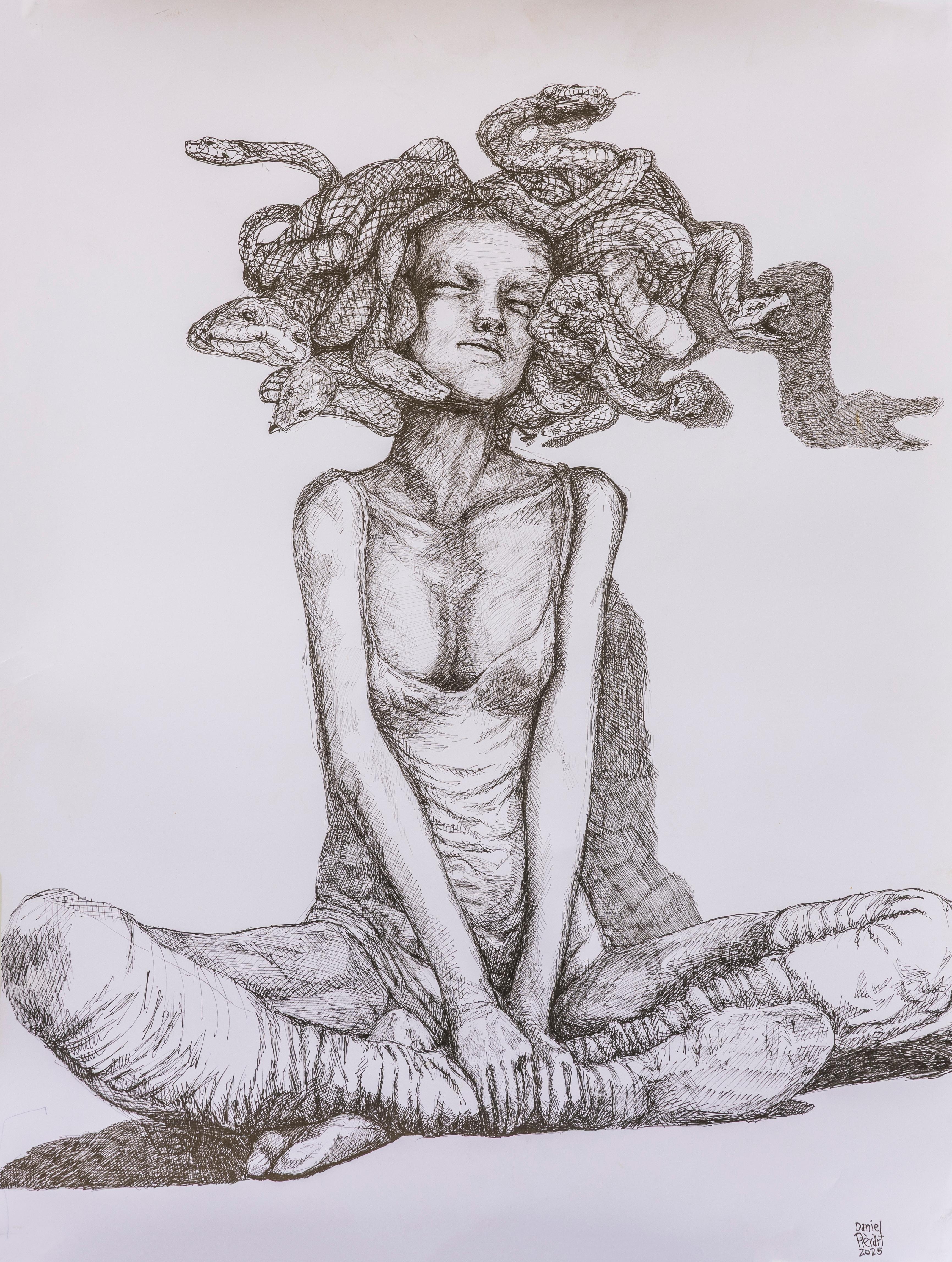 Gorgon Daniel Piérart Zeitgenössische Kunst Zeichnung Mythologie Frau schwarz-weiß