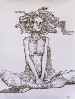 Gorgon Daniel Piérart Zeitgenössische Kunst Zeichnung Mythologie Frau schwarz-weiß