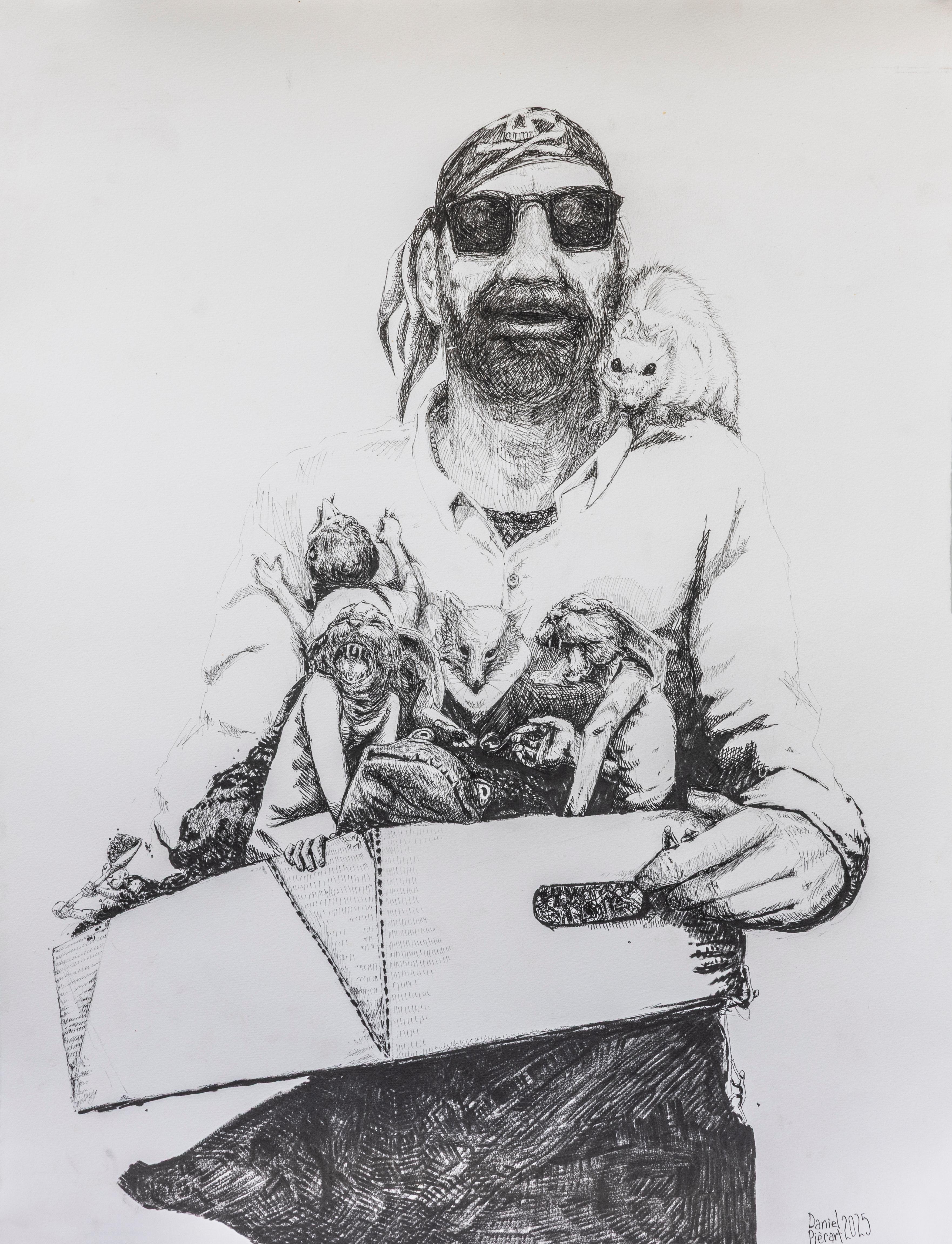 Recycling Daniel Piérart Zeitgenössische Kunst Zeichnung Tier weiß und schwarz Maus