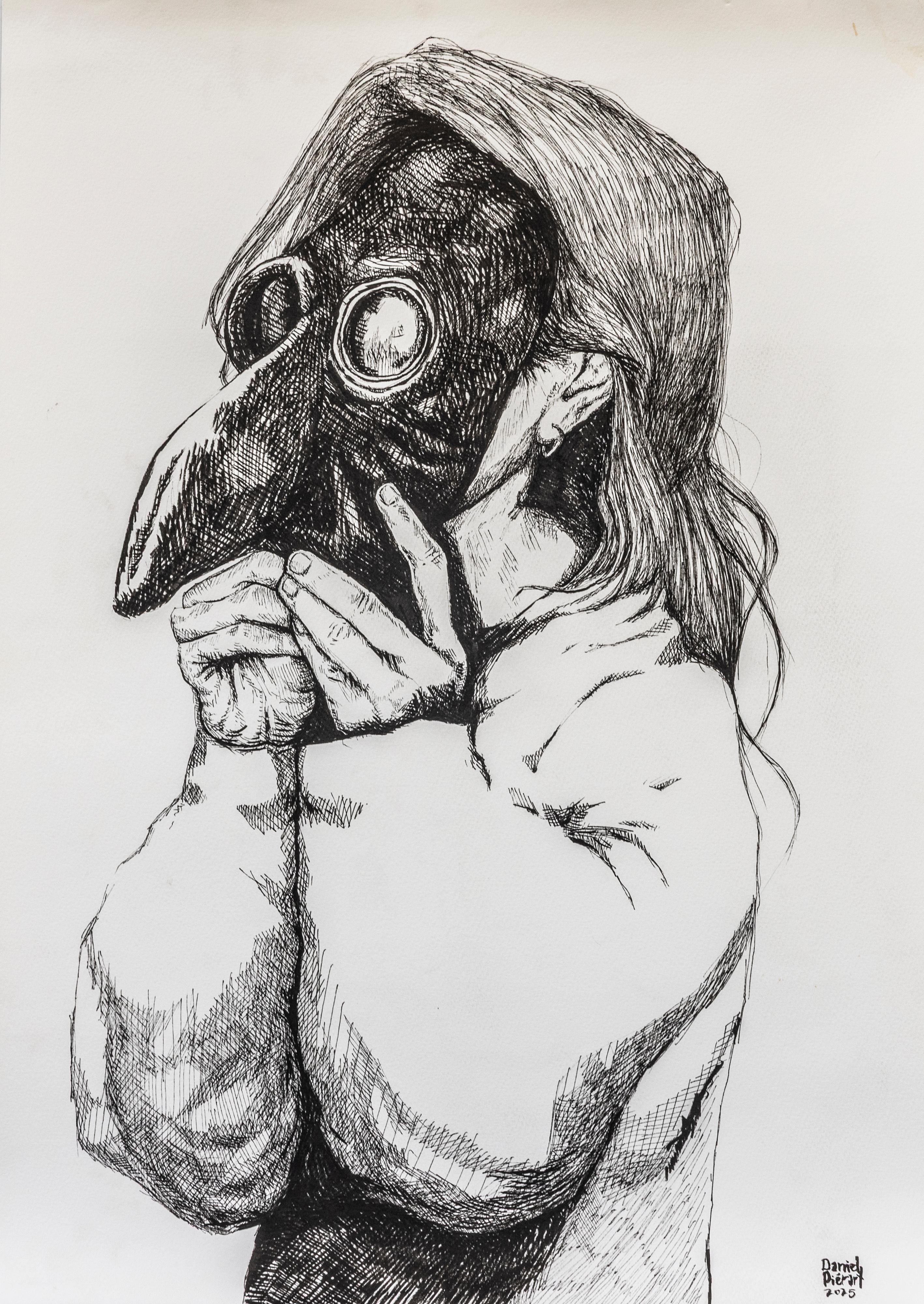 Daniel Piérart Figurative Art – Selbstbewahrung Daniel Pïérart Zeitgenössische Kunst Zeichnung Maske Frau Porträt