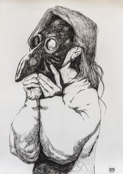 Selbstbewahrung Daniel Pïérart Zeitgenössische Kunst Zeichnung Maske Frau Porträt