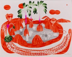 Durchleben von Prüfungen #6 Hélène Duclos Zeitgenössische Zeichnung Landschaft Rot Traum Kunst