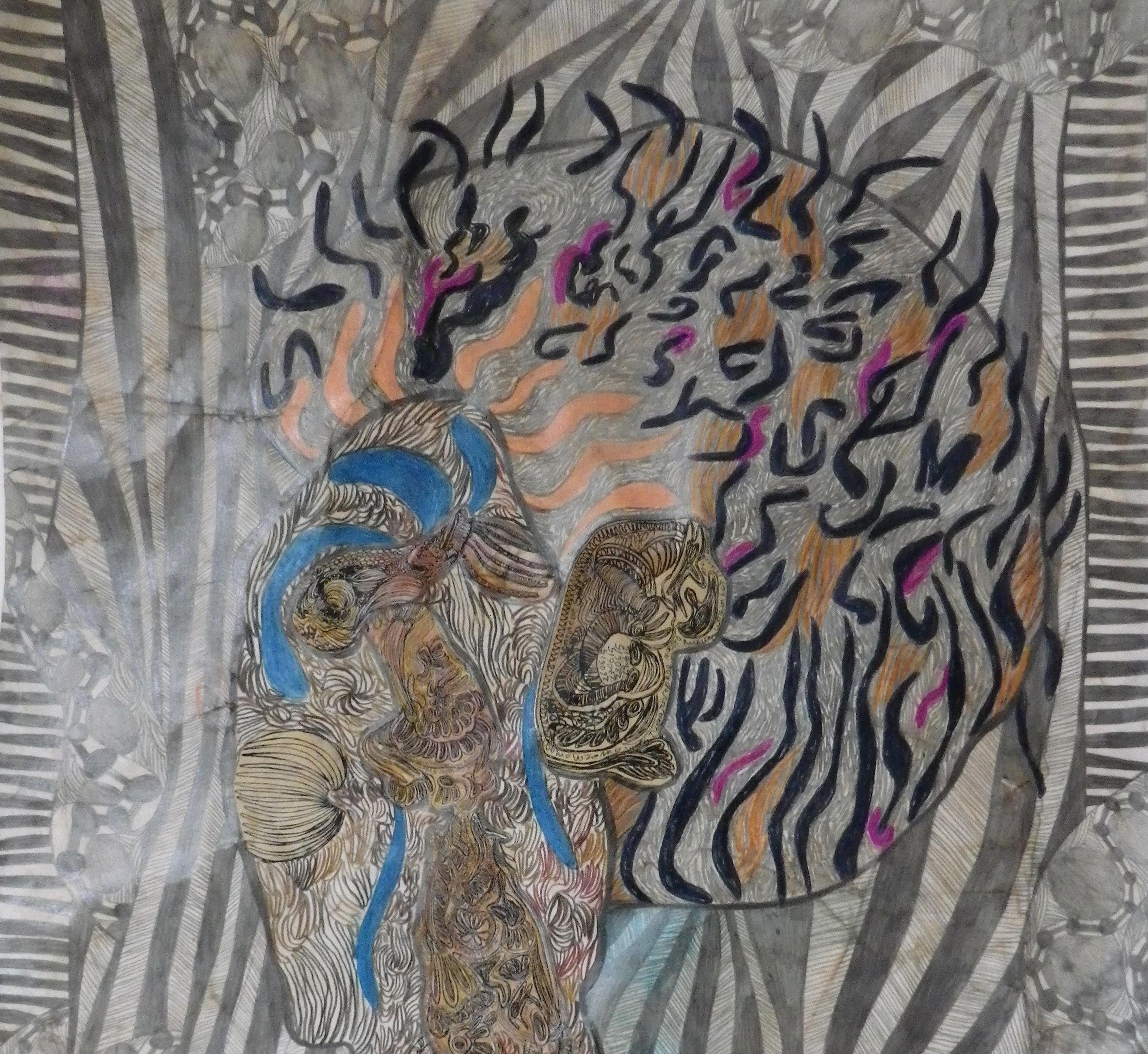 Tattoed Head - Genevive Seill, 21e siècle, art outsider, dessin figuratif - Outsider Art Mixed Media Art par Geneviève Seillé