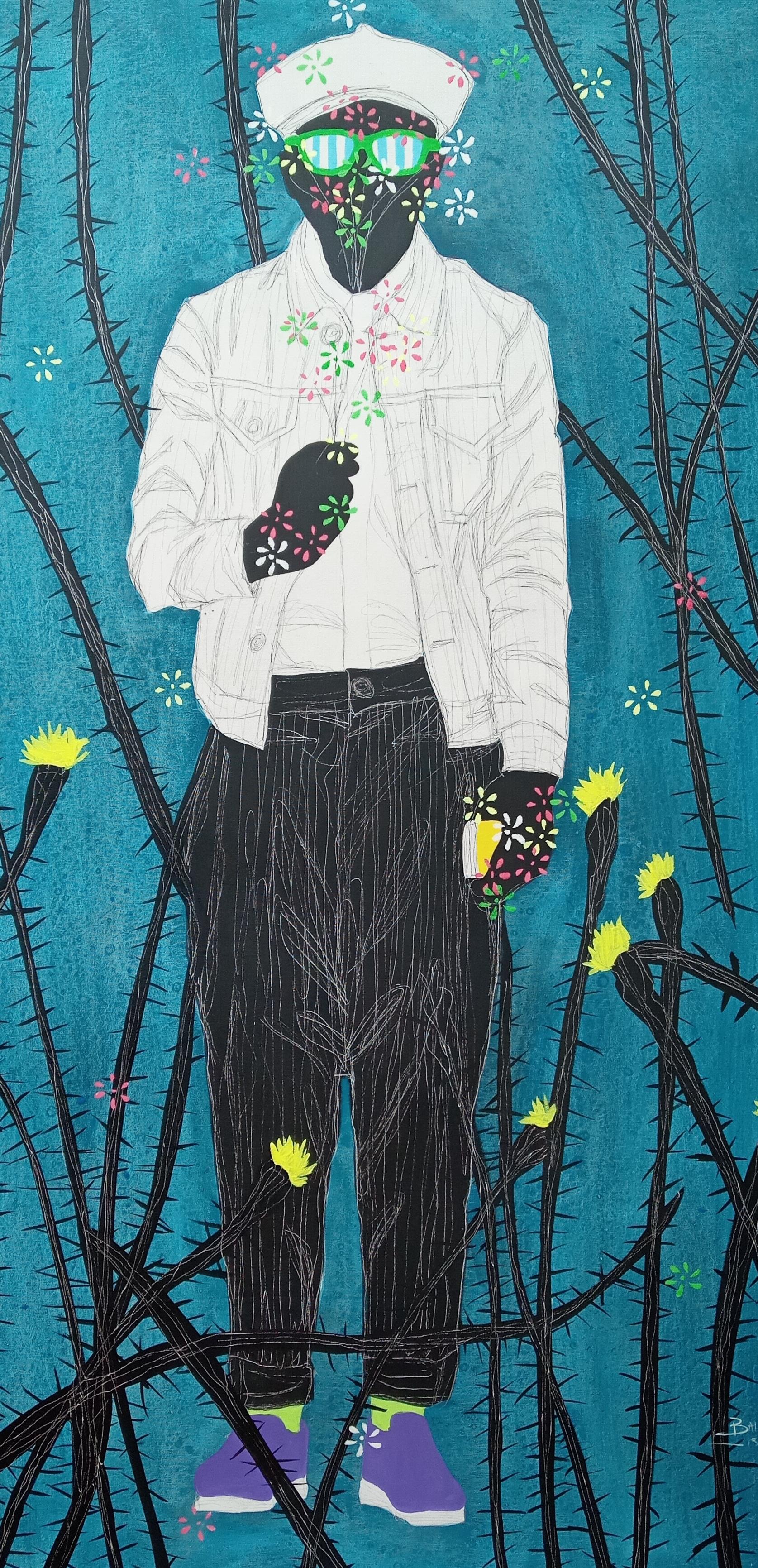 Mixed media on canvas (acrylic paint, pigments and ink on canvas)
Unique work
Signed and dated 

Moustapha Baidi Oumarou examines his circle of acquaintances but looks at the world as a visionary. He conveys the vision of a conscious and humanist