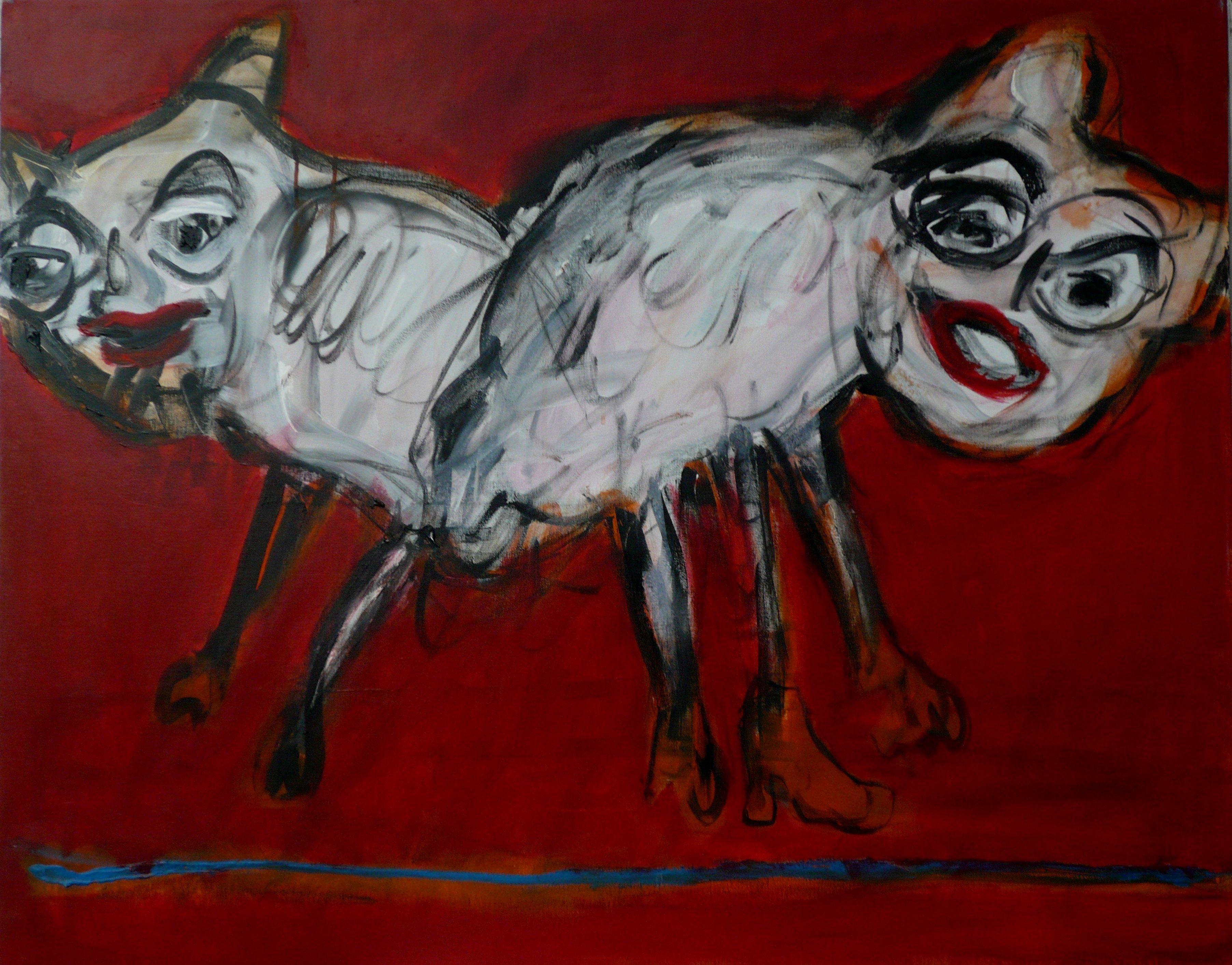 We the Beast sur fond rouge - Joanna Flatau, peinture expressionniste contemporaine