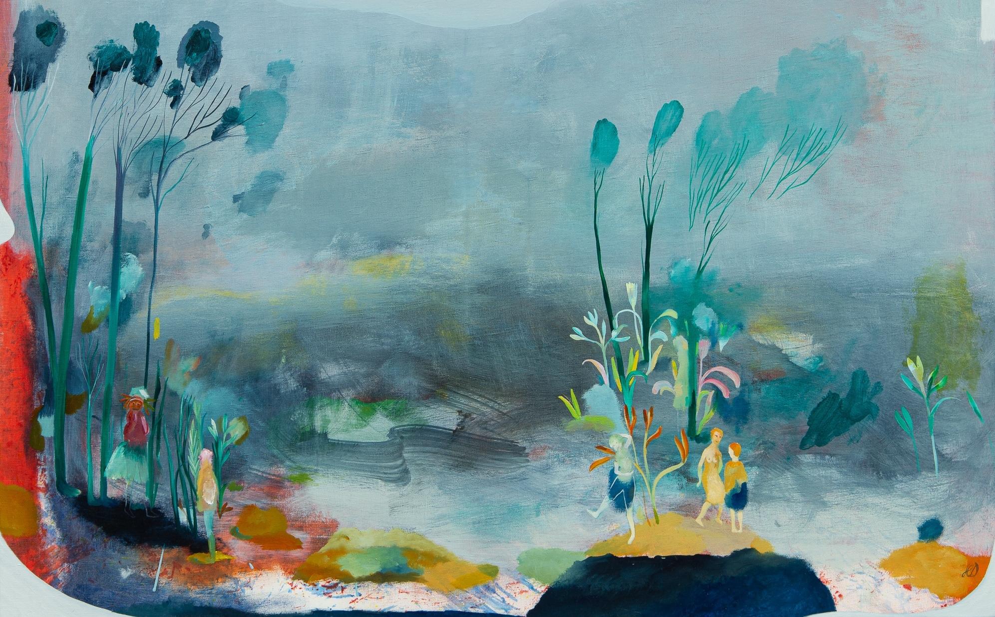 The disappearance of the guardian genius #2 Hlne Duclos, zeitgenössisches Gemälde (Blau), Landscape Painting, von Hélène Duclos