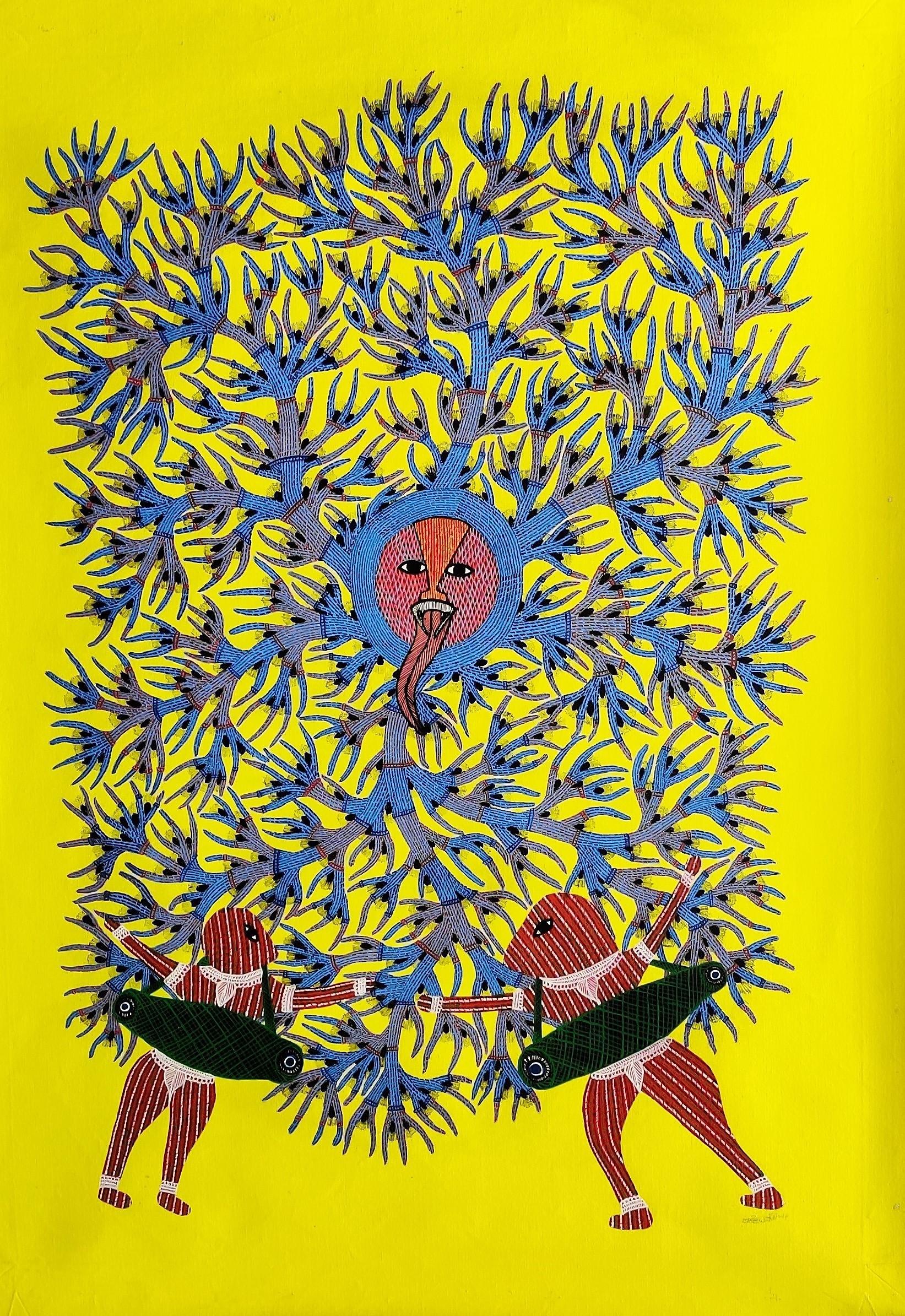 Acrylic paint and ink on canvas 
Unique work
Signed lower right
Ram Singh Urveti is part of the Gond tribe in the center of India.

“Gram devi”, also called “Sodhe Danav”, is the powerful spirit that is able to bring a dead child alive .The two men