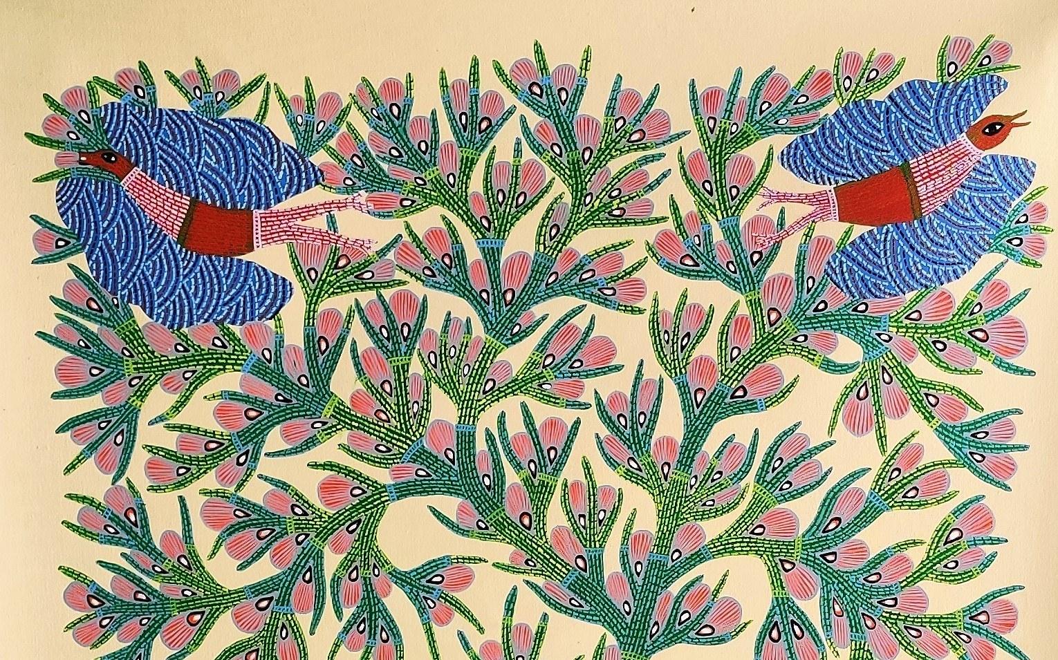 Acrylic paint and ink on canvas 
Unique work
Signed lower right
Ram Singh Urveti is part of the Gond tribe in the center of India.

This painting depicts birds and trees in nature. 
It shows the symbiotic relationships between animals and trees.