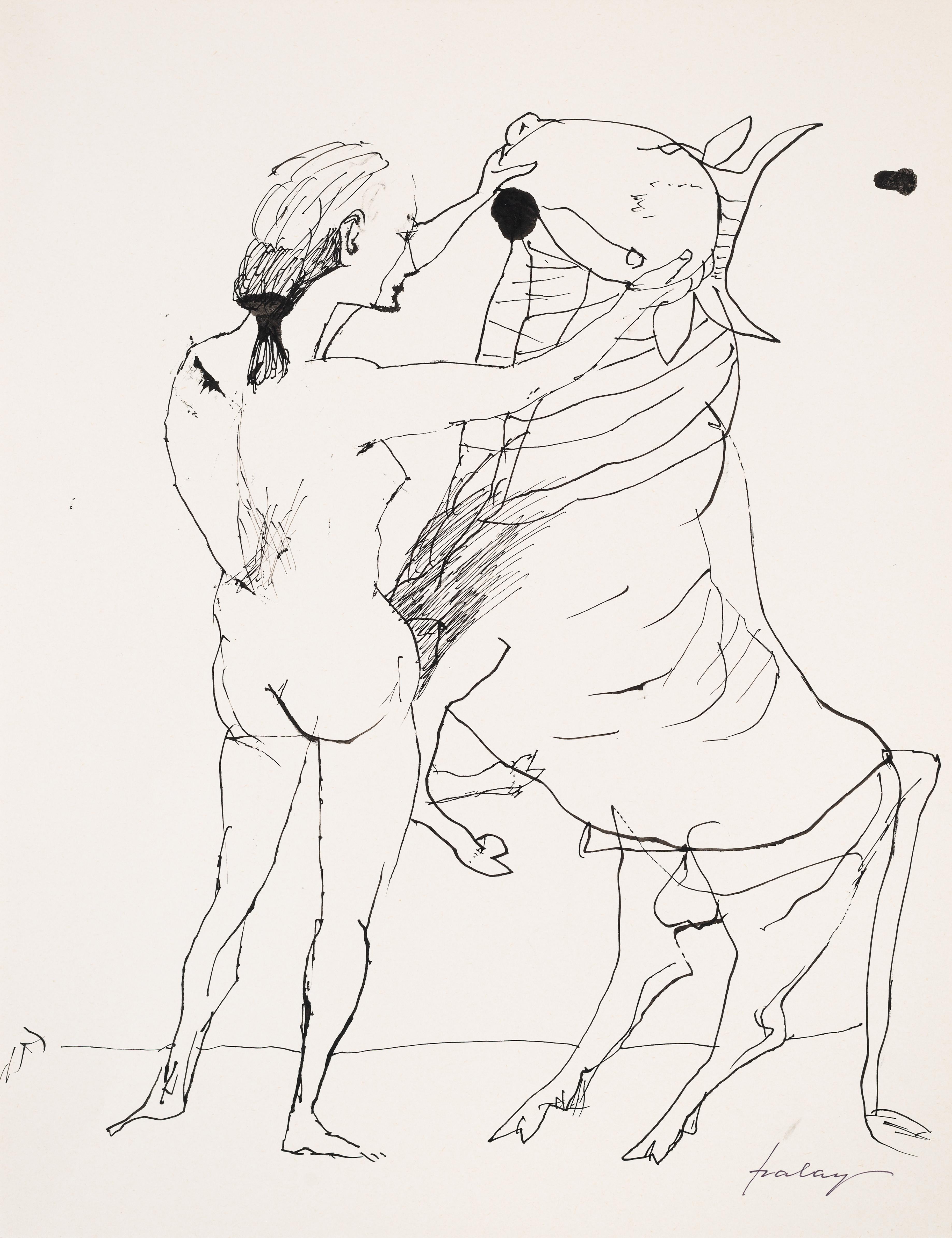 Woman and Taurus - Lajos Szalay, 20th Century, Figurative drawing