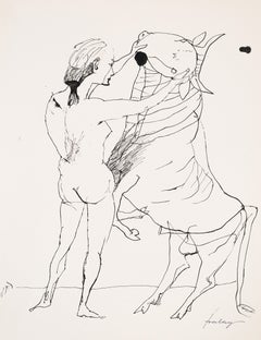 Woman and Taurus – Lajos Szalay, 20. Jahrhundert, Figurative Zeichnung