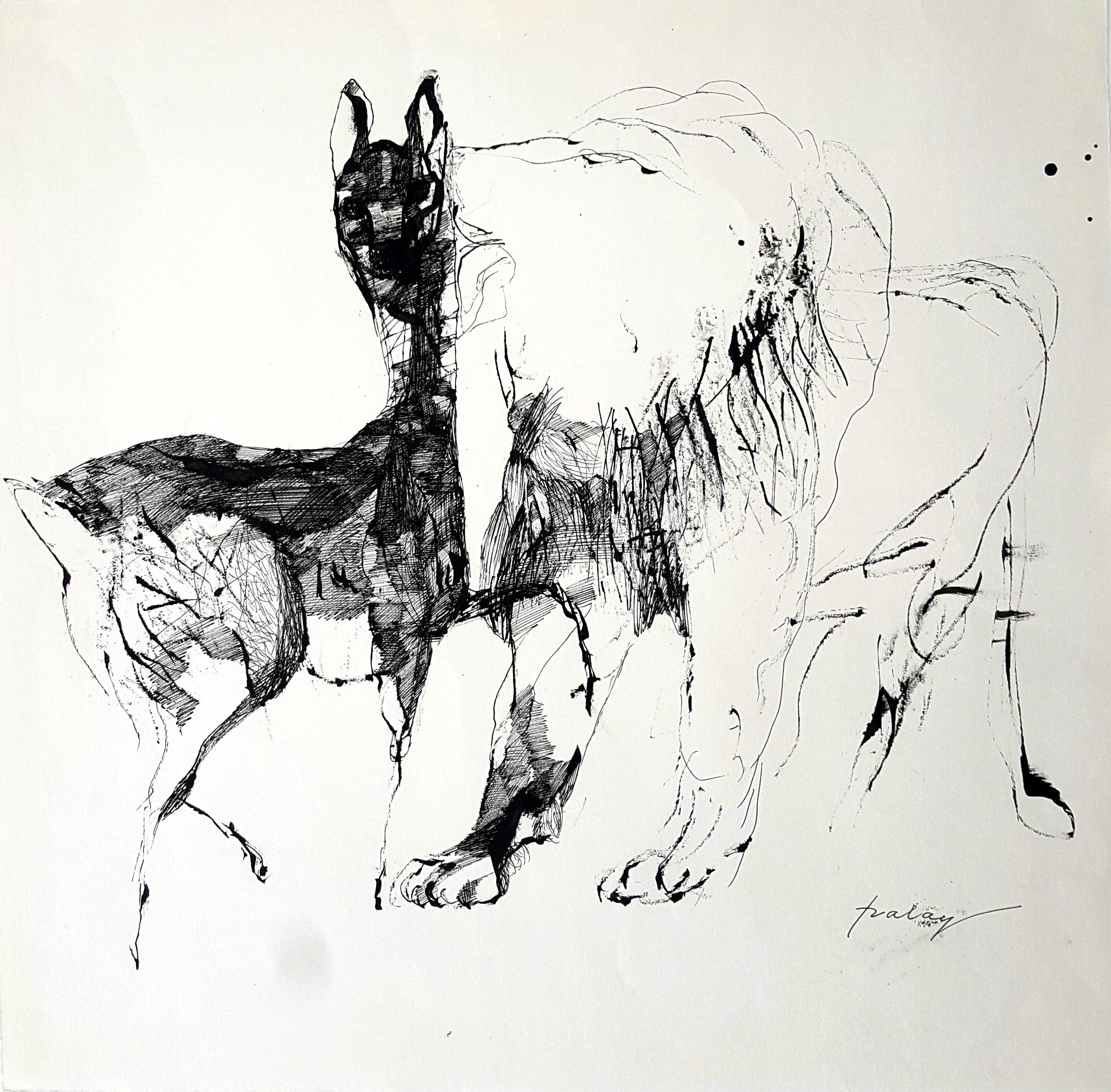 Hind and lion - Lajos Szalay, 20th Century, Figurative drawing