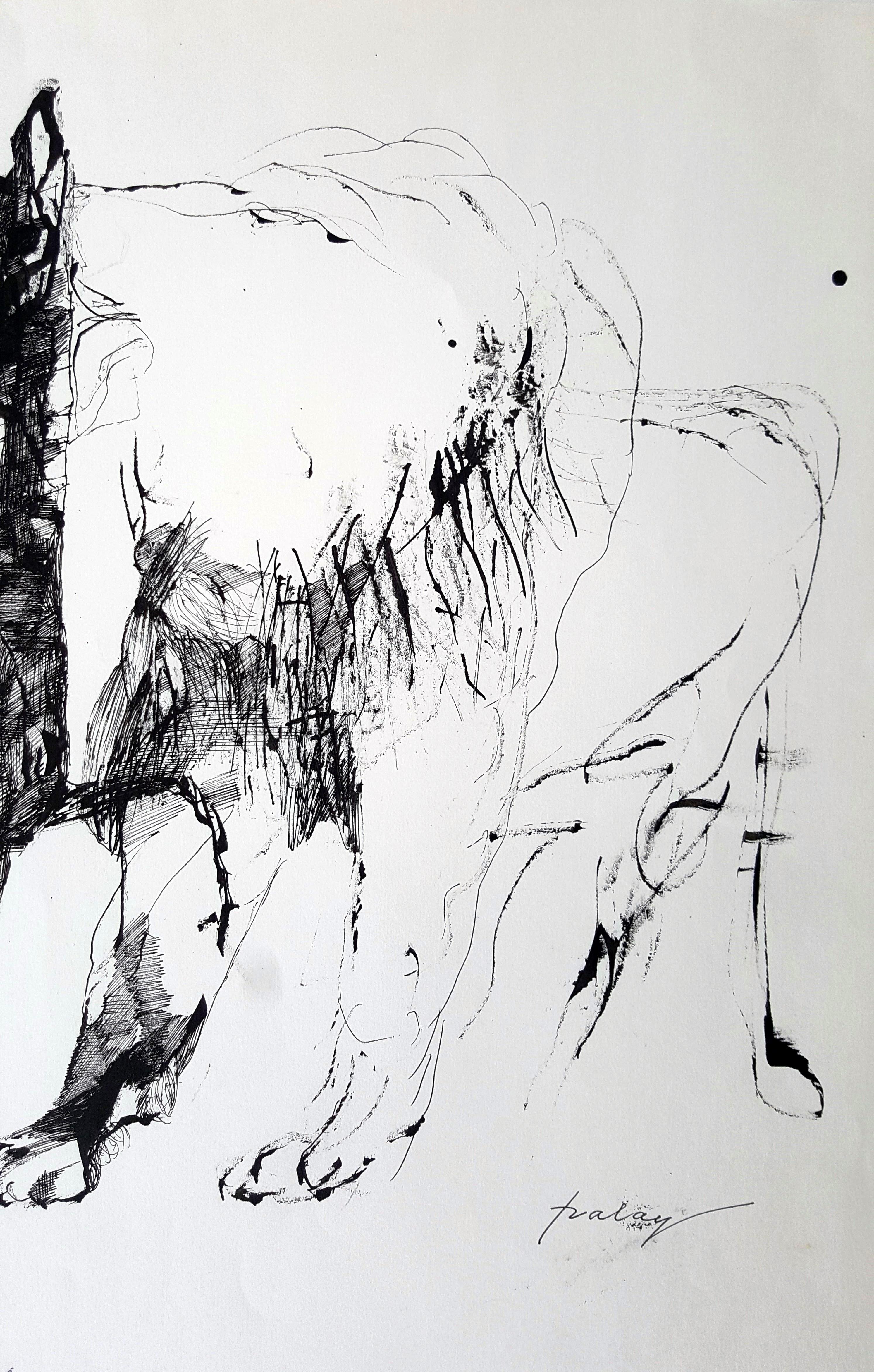 La cerva e il leone - Lajos Szalay, 20° secolo, Disegno figurativo in vendita 3