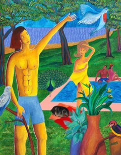 Le jardin des oiseaux - Julien Calot, 21e siècle, peinture figurative contemporaine