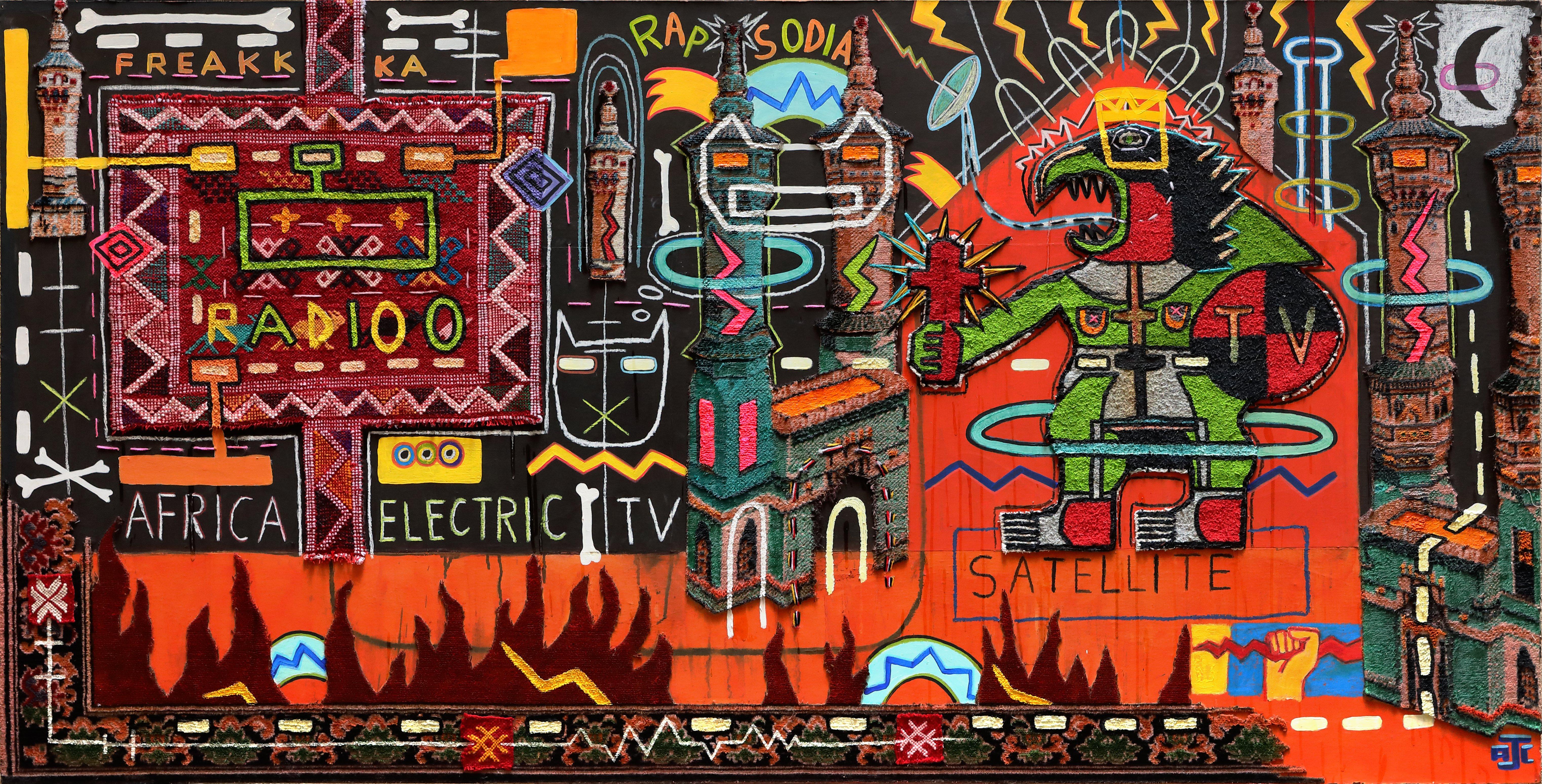 TV africaine électrique - Philippe Jacq, 21e siècle, peinture contemporaine 