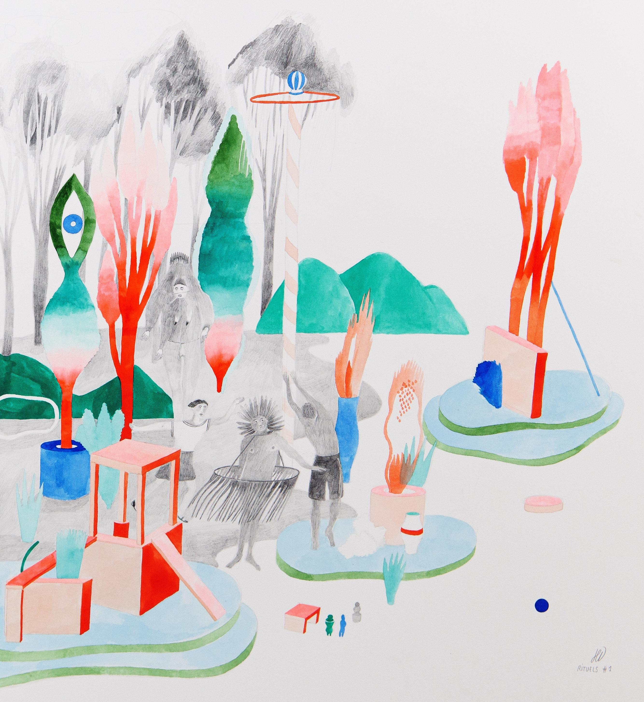 Rituals #1 Hélène Duclos, 21. Jahrhundert Zeitgenössische figurative Kunst, orange-grün im Angebot 1