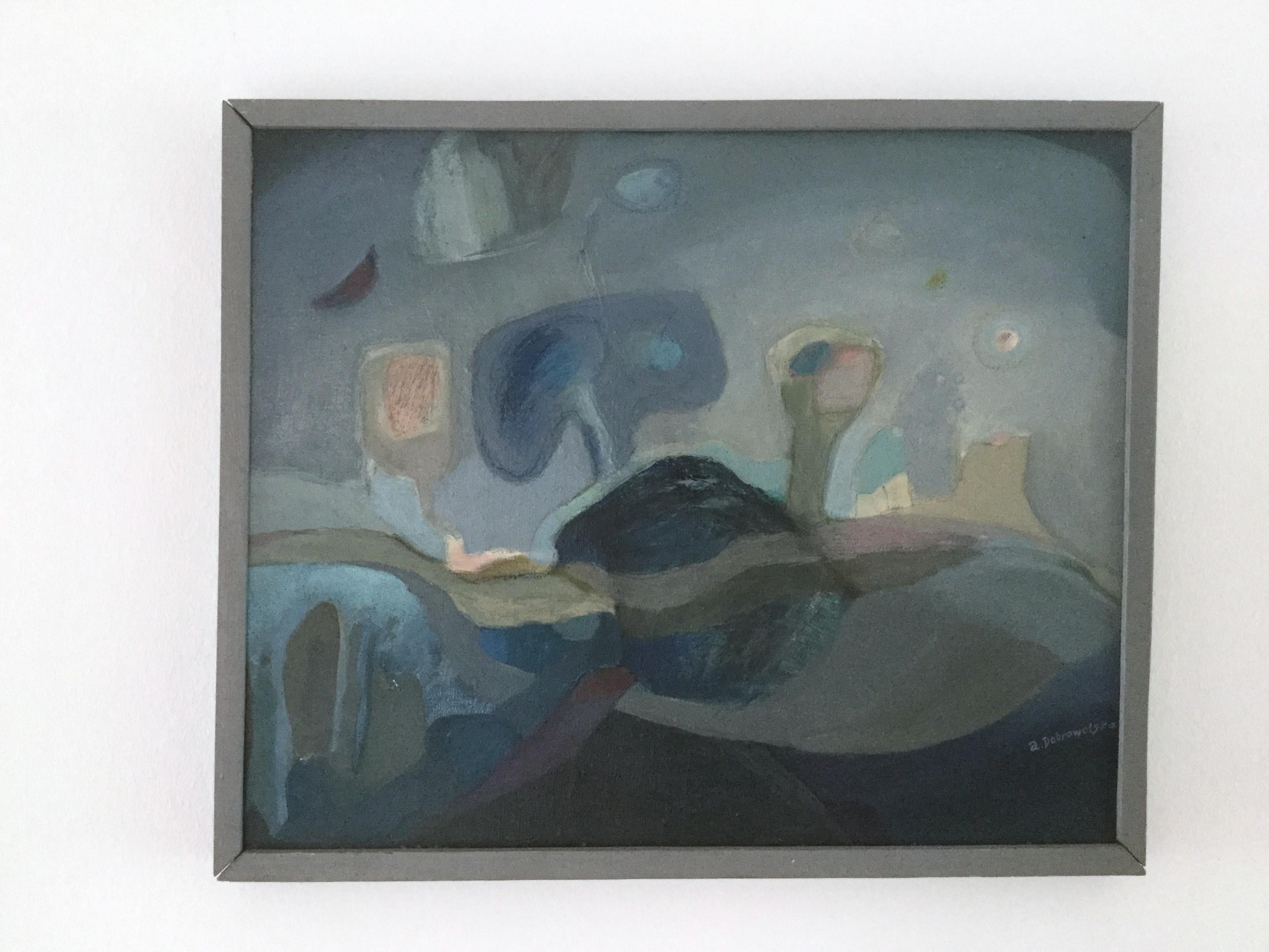 Alina Dobrowolska Figurative Painting – Ohne Titel – Blaue Landschaft mit Bäumen, figuratives Ölgemälde des XX. Jahrhunderts