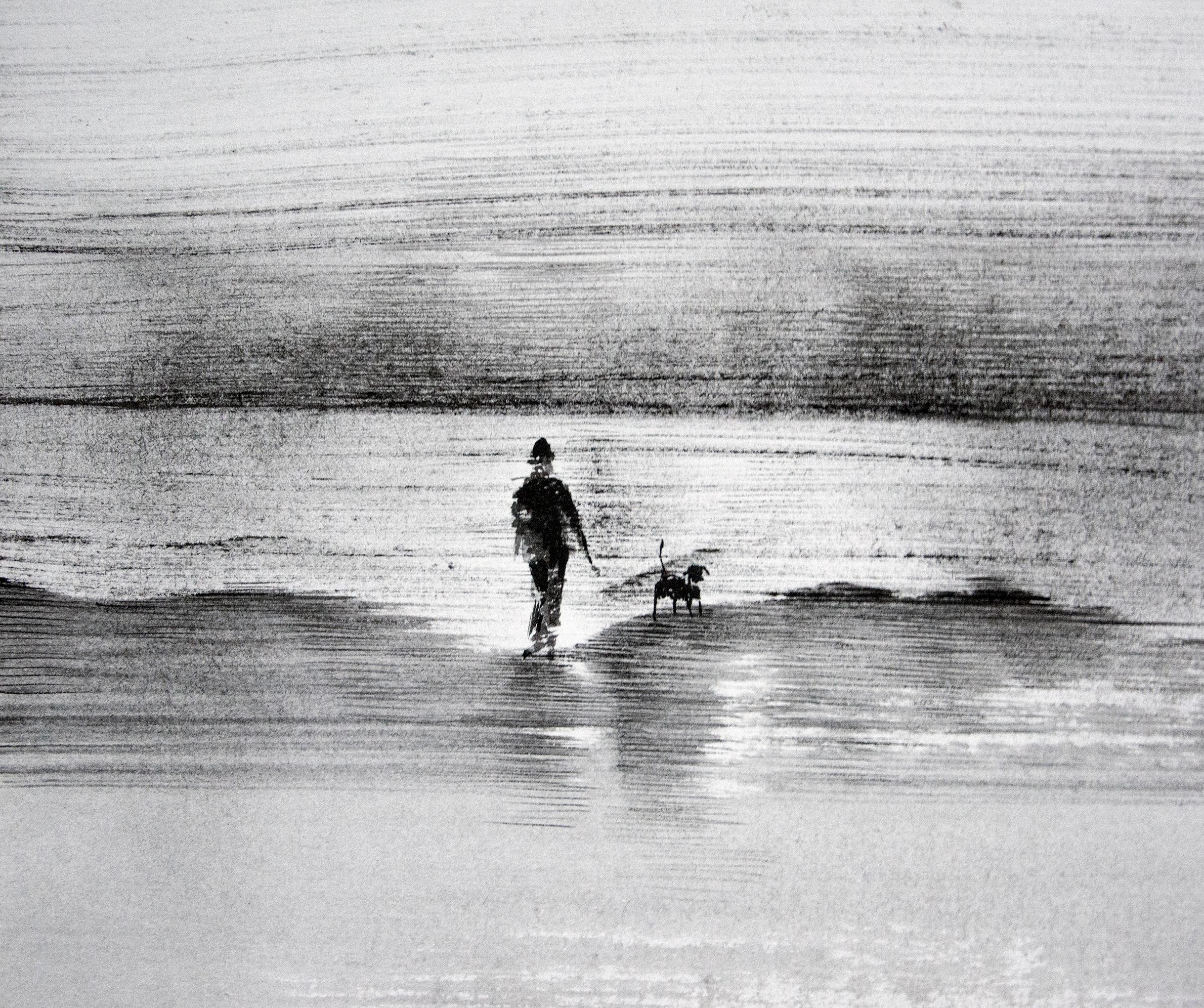 Horizon - Walker With A Dog - Modern Figurative Nature and Landscape Drawing