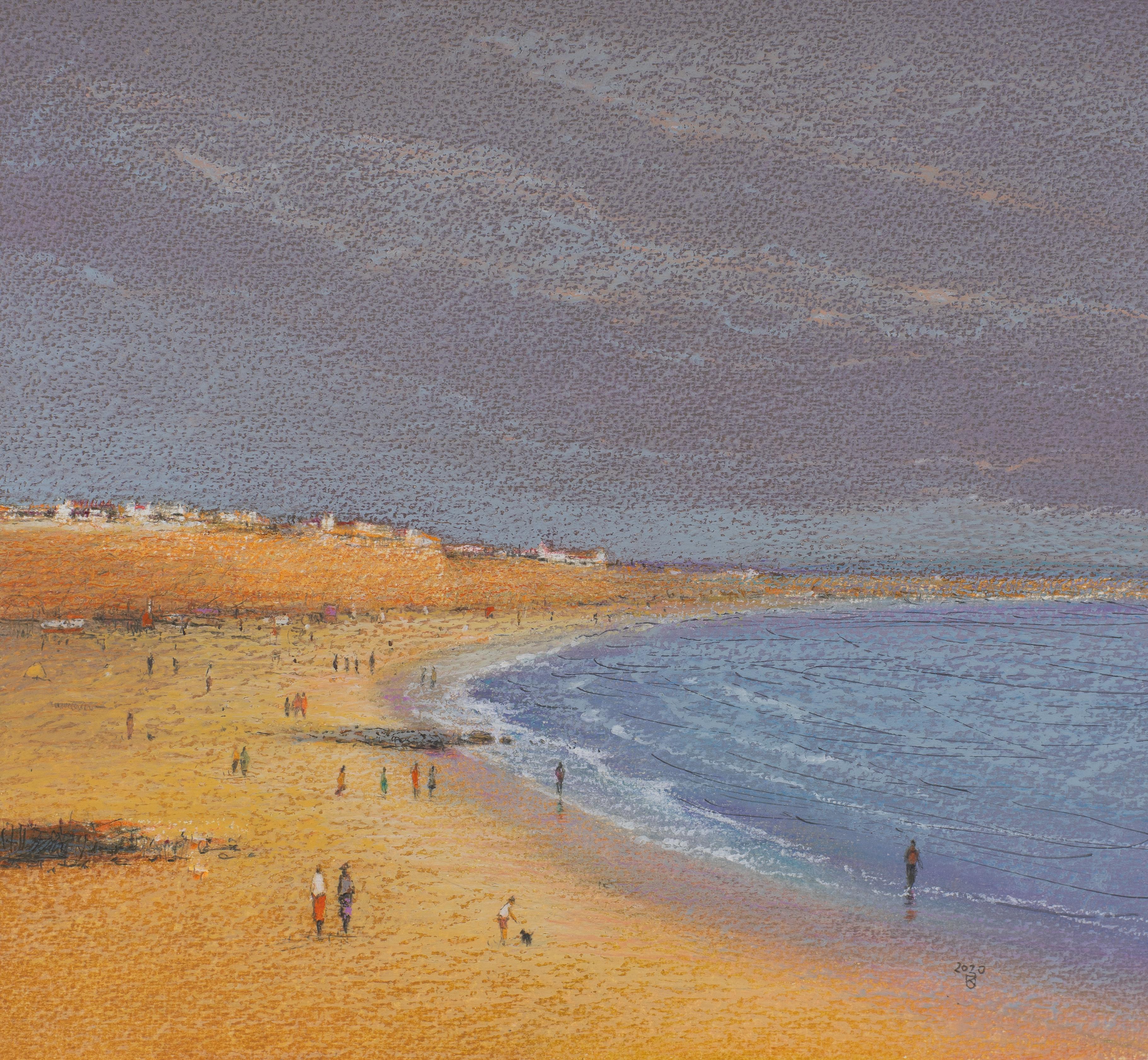 Beach 1 - Contemporary Landscape Oil Pastel Painting, Sea View,, Warm Tones 