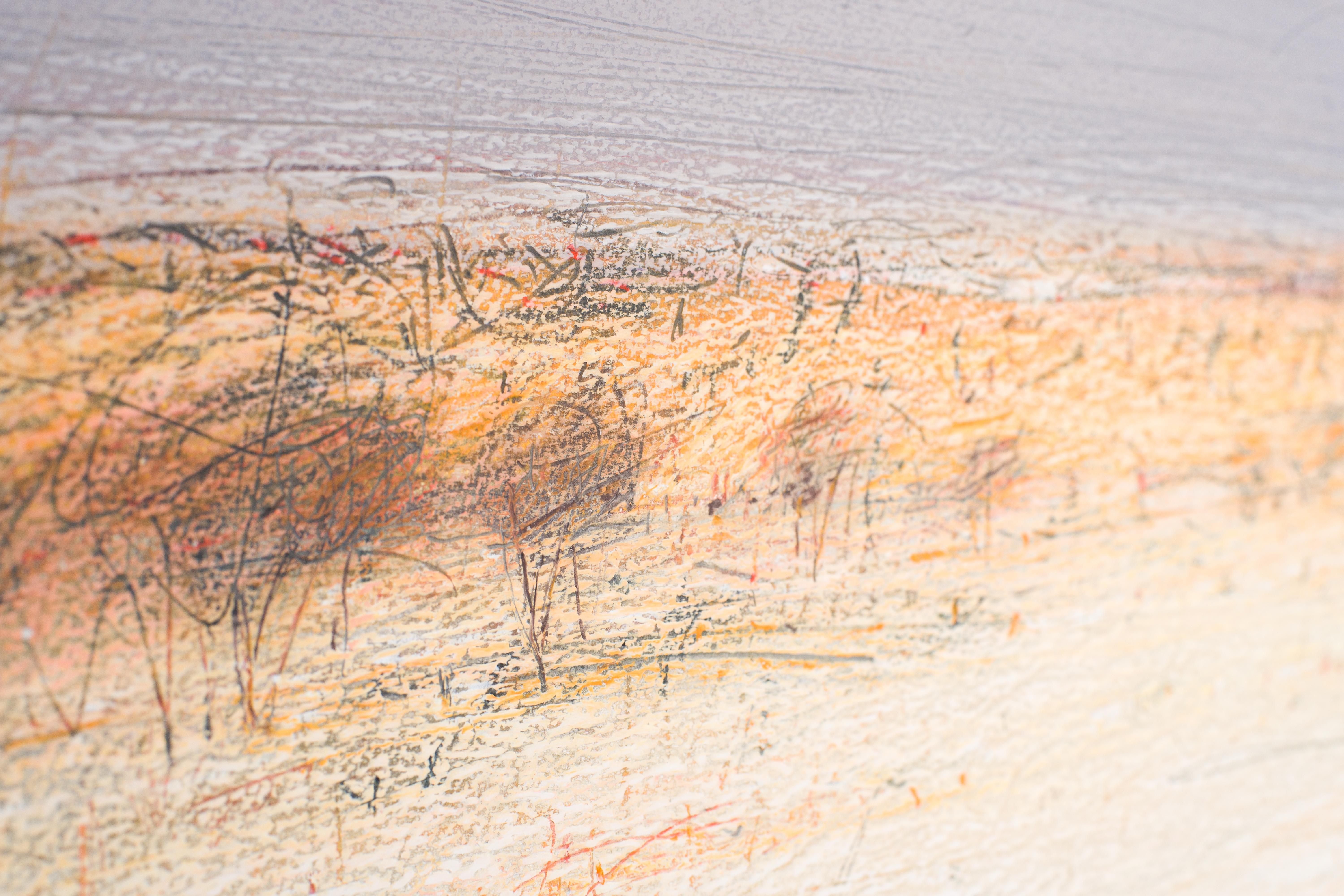 SAVANNAH - Paysage africain contemporain,  Pastel à l'huile  Peinture, tons chauds  - Beige Landscape Art par Janusz Kokot