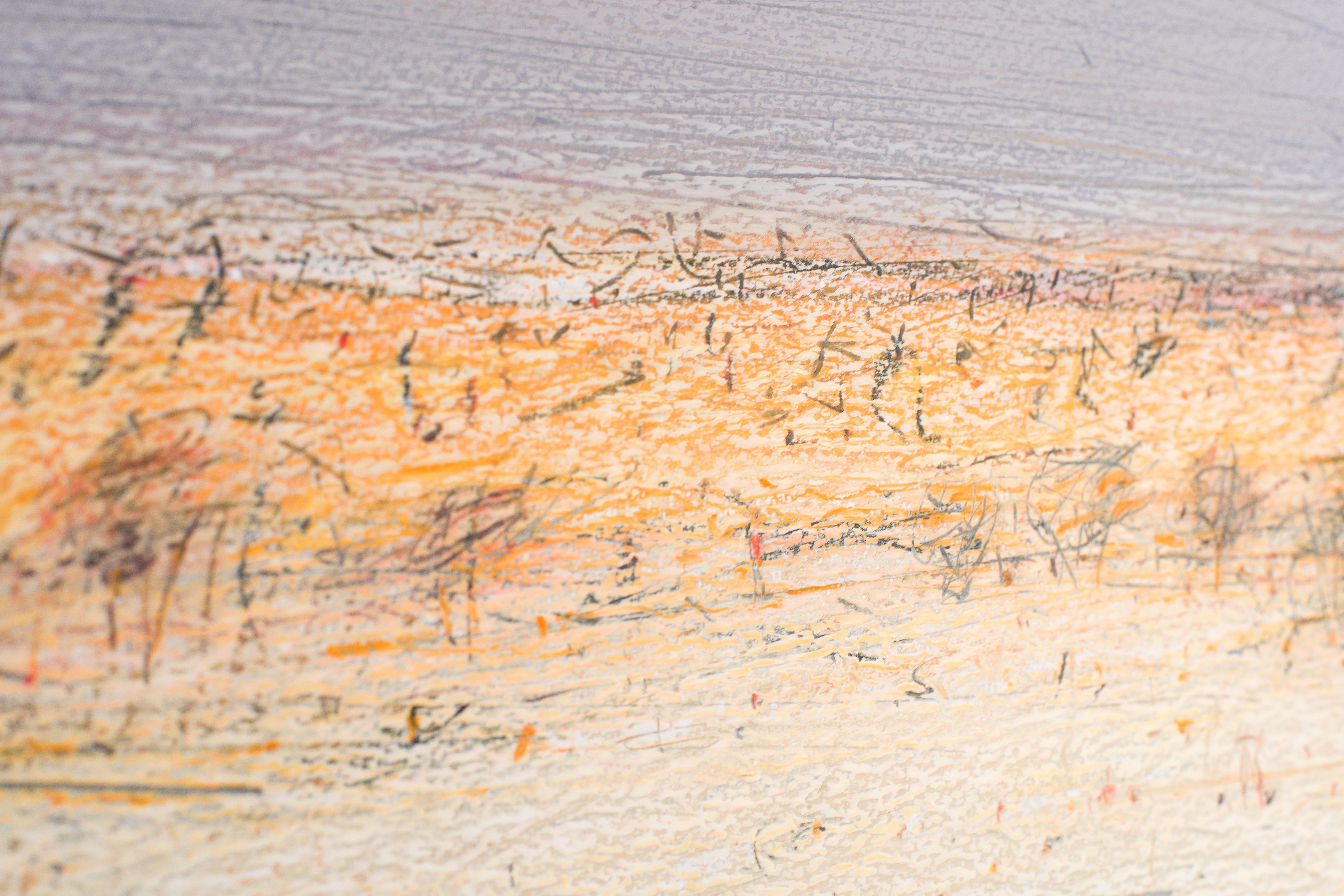 SAVANNAH - Contemporary African Landscape,  Oil Pastel  Painting, Warm Tones  - Beige Landscape Art by Janusz Kokot