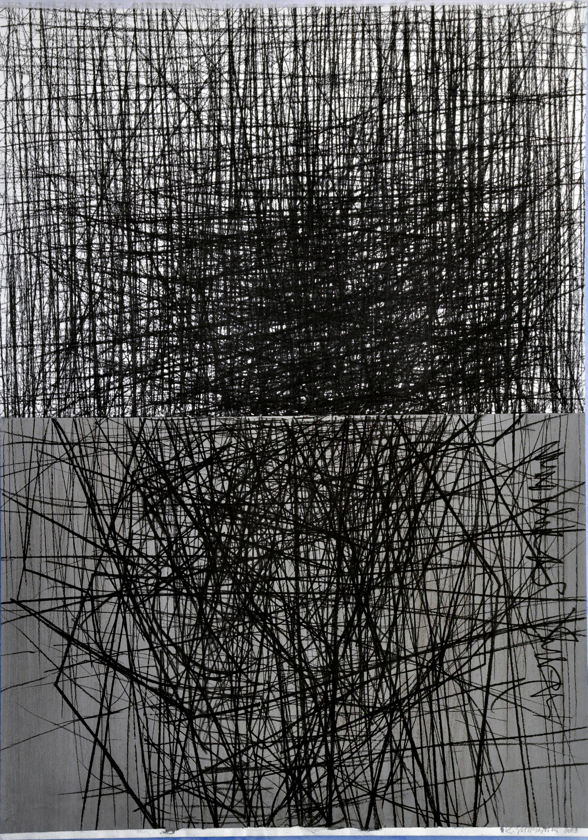 Abstract Drawing Krzysztof Gliszczyński - DEUX ESPACES -  Peinture expressionniste au fusain sur papier, dessin en noir et blanc