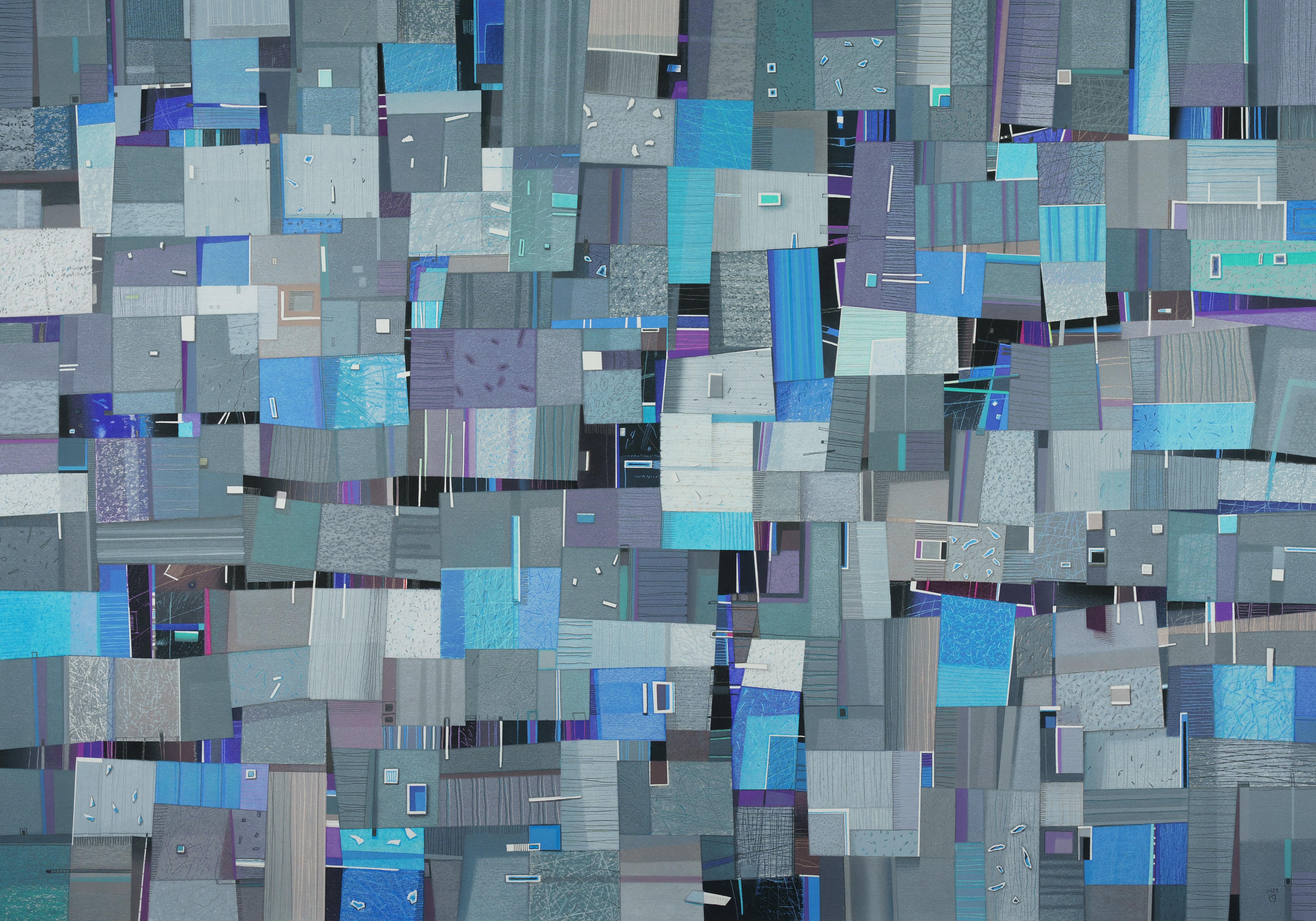 Janusz Kokot Landscape Art - Blue Town - Contemporary Cityscape Oil Pastel  Painting, Blue Tones 