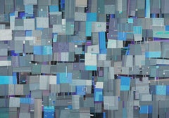 Blue Town - Contemporary Cityscape Oil Pastel  Painting, Blue Tones 